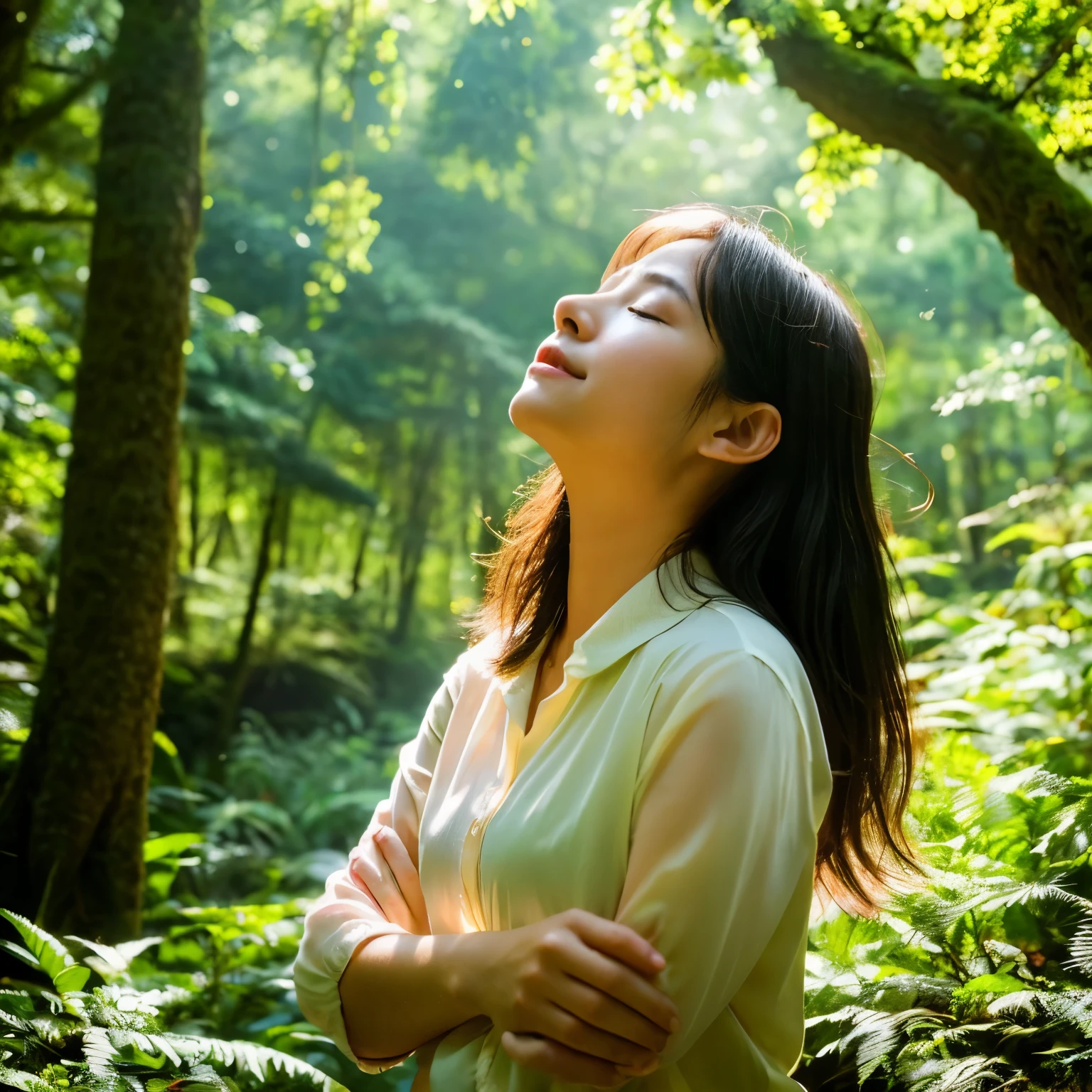 Please draw a beautiful girl surrendering herself to the quiet flow of time in the forest.。She sat in a corner of the forest、Surrounded by natural beauty。Trees in the background々The greenery spreads、The breeze is rustling the leaves。
She has a gentle smile、I close my eyes and take a deep breath。Natural light gently hits the cheeks、It gives her face a gentle glow。Her hair flutters in the wind、It sparkles in the sunlight。
Her clothes are in a color that blends in with nature.、Perfect for a quiet moment in the woods.。She closed her eyes、Listening to the sounds of nature。The silence and peace of the forest surrounds her.。
This beautiful girl is、Be one with nature in the forest、Spending quiet time soothes the soul。her appearance、Surrounded by the beauty of the forest and the power of nature、It depicts a calm and happy scene.。