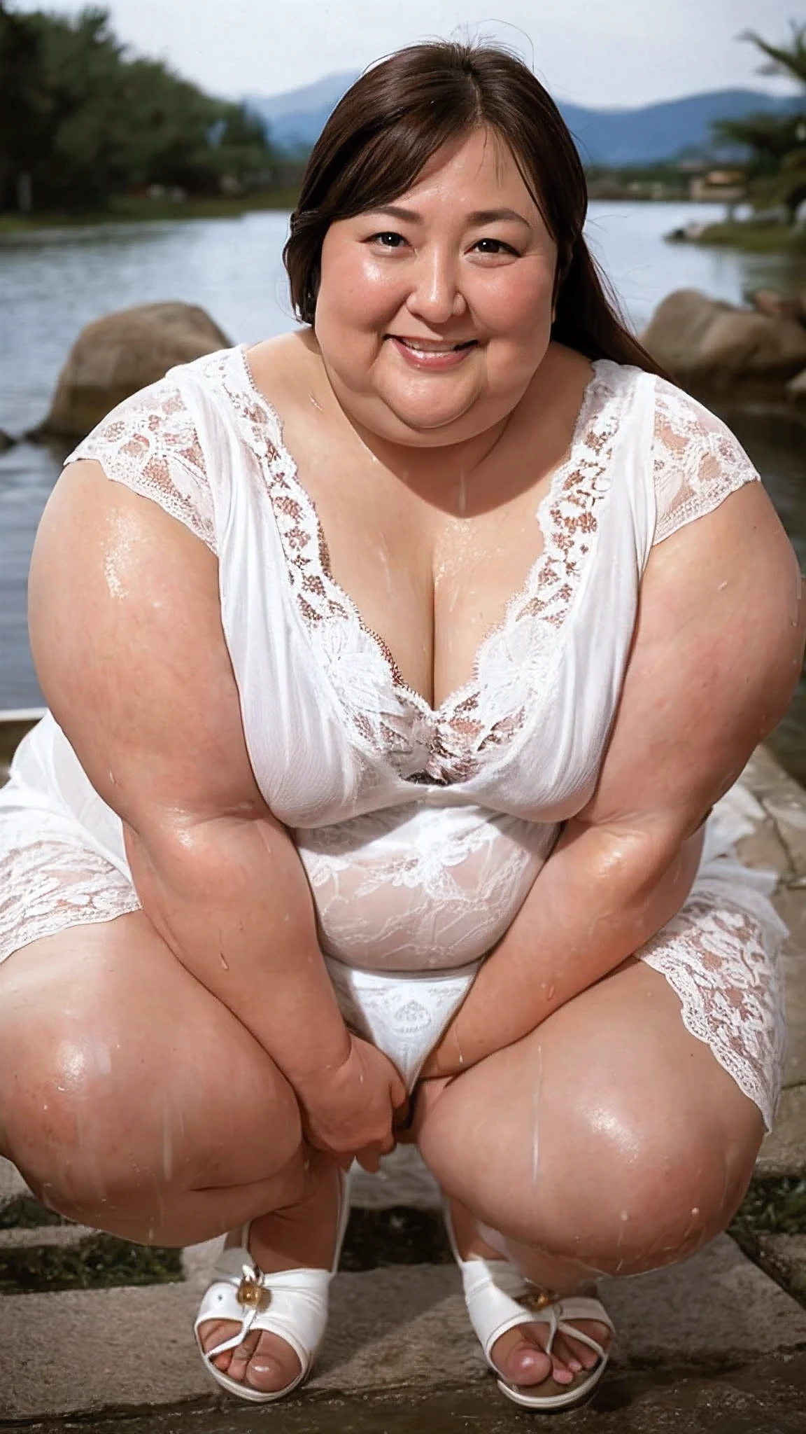 (((Photo Composition))), gravure, highest quality, Very detailed, Realistic, Very detailedskin, Perfect Anatomy, (Japanese MILF),80 years old, big breasts, Mature Woman, Sexy, Chromo White Skin, View your viewers,((((obesity)))),((Double chin)),((Big belly)),Thick arms,thick upper arms,Thick legs,fat girl,(long hair),Facial wrinkles,make up,((brown hair)),(dress shirt),lace skirt,(wet skin),hot springs,squatting,(white lace panties),(open leg),(show panties),cameltoe