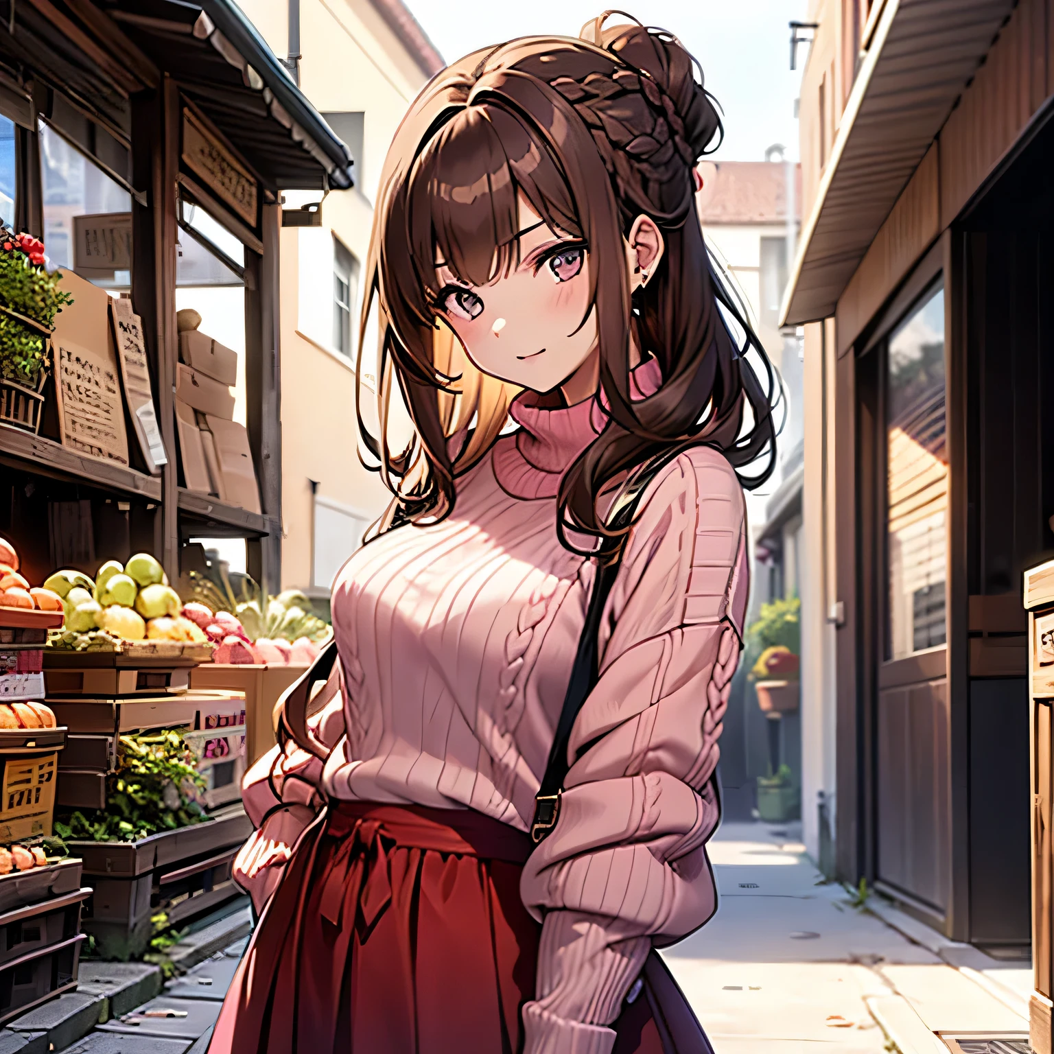 ((1girl)), ((19 years old)), ((brunette hair, braid hairstyle)), exaggerated body, sexy, Pink sweater, Red long skirt