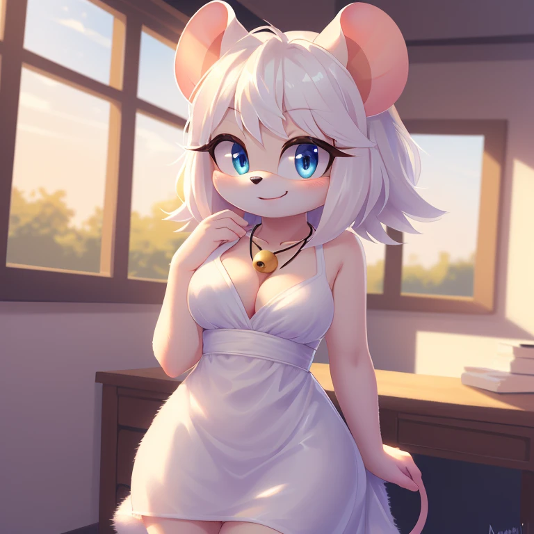 (masterpiece, soft lighting, very detailed, fine details, detailed background), 1girl, white ((mouse)), (((mobian))), blue eyes, ((fluffy white skin and fur, white short hair bangs)), medium breasts, sexy, small bell necklace, smile, pencil, dress, face shot, by Akami Mirai