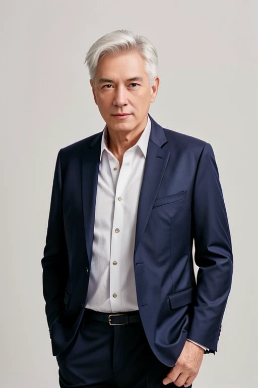 A 70-year-old man who is very healthy and energetic，White hair，But the skin is firm，In shooting posture，Fashionable and tasteful clothes，Handsome face，full-body shot，Pure white background