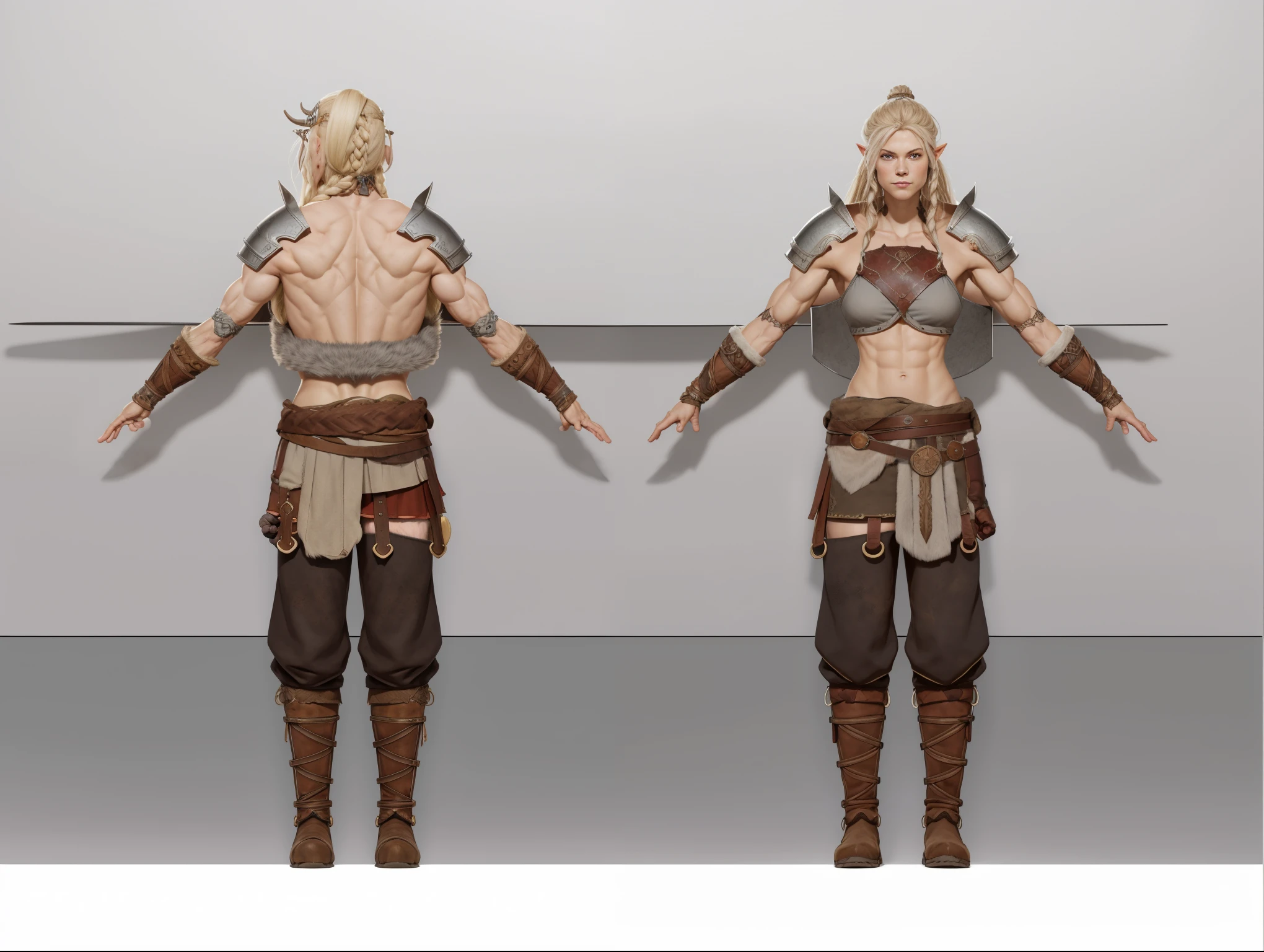 ( Realistic:1.33),(masterpiece:1.1),(highest quality:1.1),(HDR:1) a close up of a Viking woman warrior wearing armor and fur coat , full body concept, detailed full body concept, Young Viking female with a long braid, Viking style, Teenage Viking protective maiden, Portrait of a Viking, Viking warrior, Viking culture, Nordic warrior, Viking costume, Ancient Viking warrior, Elven blond warrior, Epic Viking Queen , wearing Viking clothing, Female Viking, with Machado, Nordic inspiration, Viking and Templar aesthetics, full body character concept,costume concept design, full body details, detailed full body concept art, full character body, character model sheet turnaround, fullbody shot turnaround, concept character sheet, full body concept art, reference model sheet , full body concept art, RPG style character, game character design, 3d character reference sheet, video game character concept, detailed character design, character sheet, character model sheet turnaround , front and back, front and back, grey clean background, 3D character, leather belt with leather knife bag, red loincloths, leather armband, leather boots with fur, leather bikini with black fur coat, red hem with fur. [ show skin breast mound ], [ show abdomen ] no cloth at abdomen. breast skin, human skin, human skin, human breast skin, human skin.(viking warrior), ((barbarian)), (((huge muscles)),(((wide chest)),(((wide shoulder)), (((huge arm)),(((huge arm))
