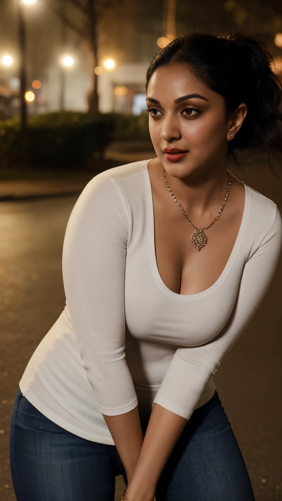 night scene, close up photo of  kiara, curvy, hourglass figure, swooping breasts, deep cleavage, seductive eyes, look at viewer, doing push ups on road, necklace, White Crew Neck T-Shirt and Lift, Slim And Shape Skinny Jeans, red lips, sultry, ponytail, (cinematic:1.3), intricate details, (ArtStation:1.2)