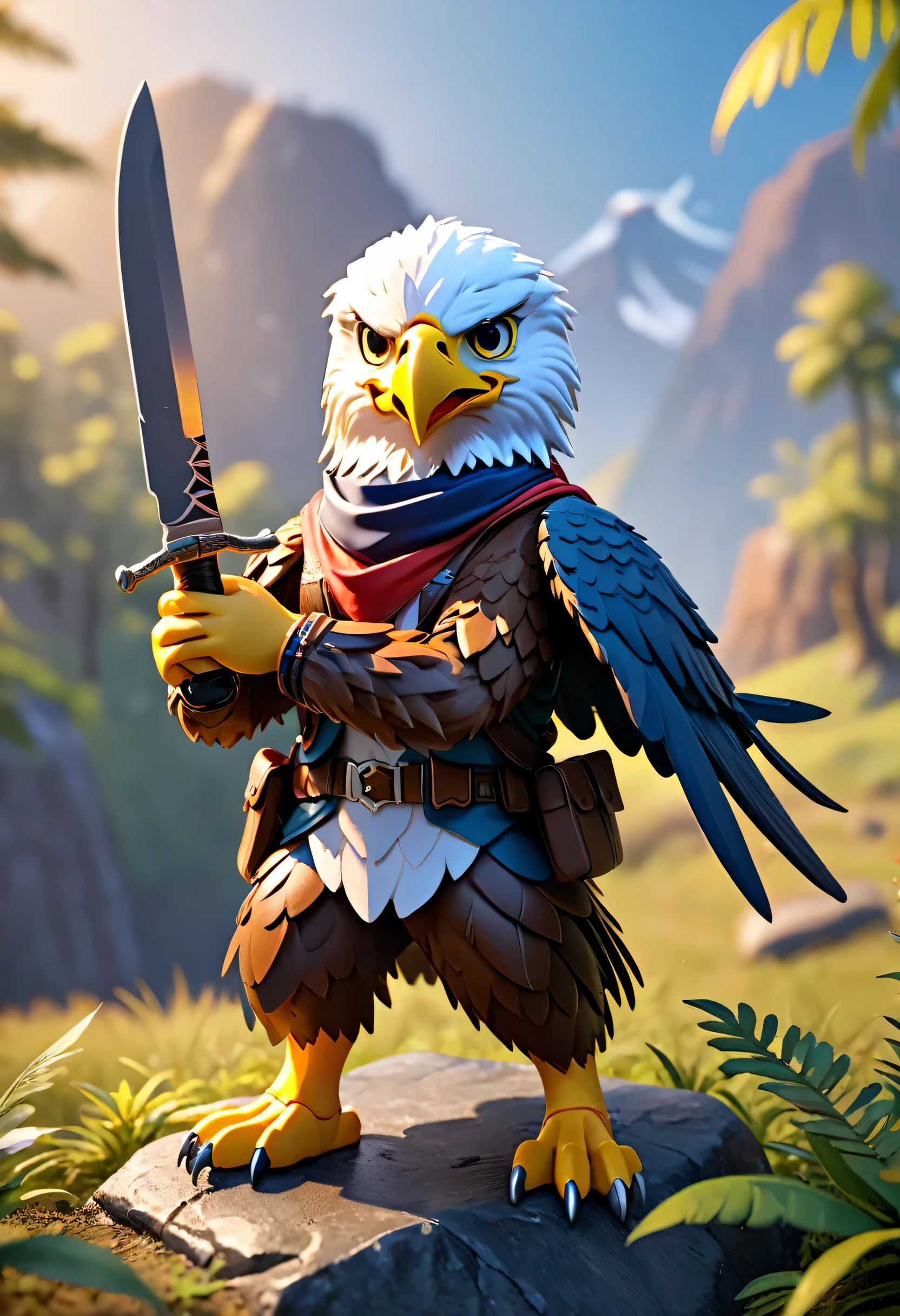 Esbian all over、Cool Eagle、Pop Eagle、Diorama、Simple Background、bandana、Holding a knife in hand、Best Quality, Capture the cutest moments, Depth of written boundary, Super detailed, Ultra-high resolution, Octadale, 8K, 16km race