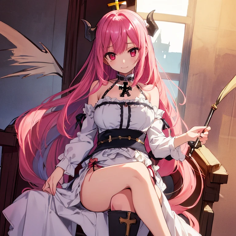 Masterpiece, animerealistic, Top quality, Ultra high definition, Maximum resolution, Very detailed, Professional lighting, kabedon pov, looking at viewer, smug, glowing eyes, One girl, she’s a female oni, pretty big eyes, yellow eyes, wearing mascara, wearing blush, devilish girl, she has light red hair, gothic demoness, Very cute,nffsw\,Best Quality,Sheer panties,Wet panties,White panties, white thighhigh stockings,skyporn,broody,Legs spread posture,Action art,Aim at the enemy,Embarrassed face,Shy face,with blush cheeks,sinister gang,butyric,minimalism,Impact art,Ruins,