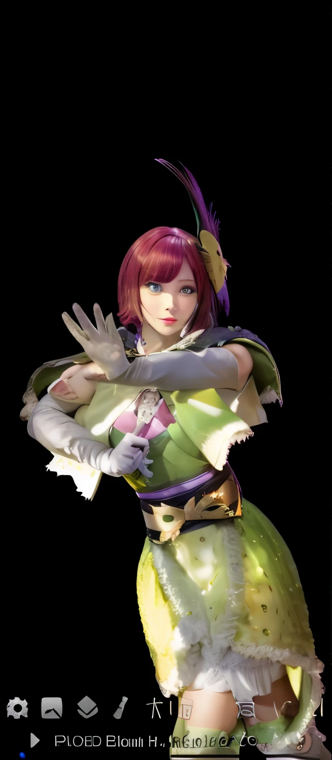 A red-haired girl with short hair and green eyes big breast