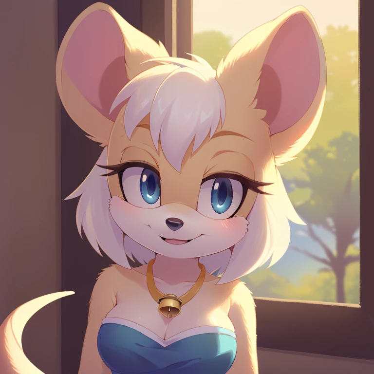 (masterpiece, soft lighting, very detailed, fine details, detailed background), 1girl, white ((mouse)), (((mobian))), blue eyes, ((fluffy white skin and fur, white short hair bangs)), medium breasts, sexy, small bell necklace, smile, pencil, dress, face shot, by Akami Mirai