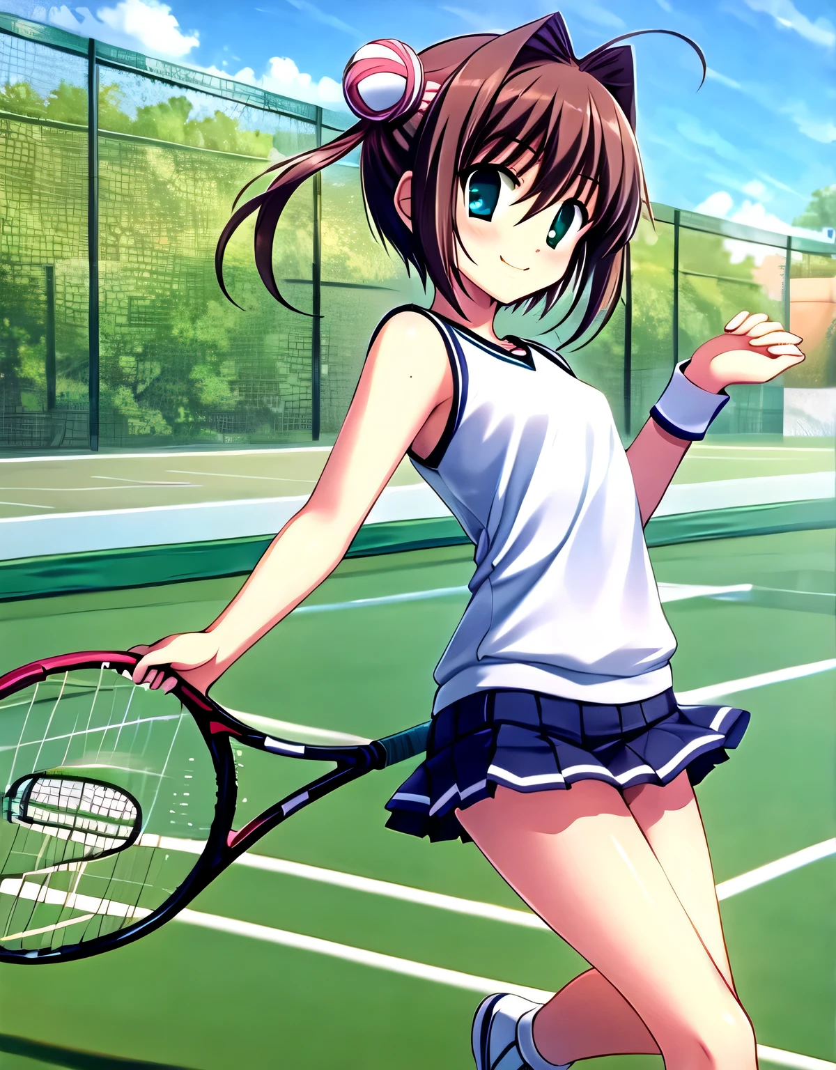 asakura_yume,Brown Hair,Medium Chest,Aqua Eye,White skin,Tennis court,Are standing,No sleeve_Tennis Wear,smile,