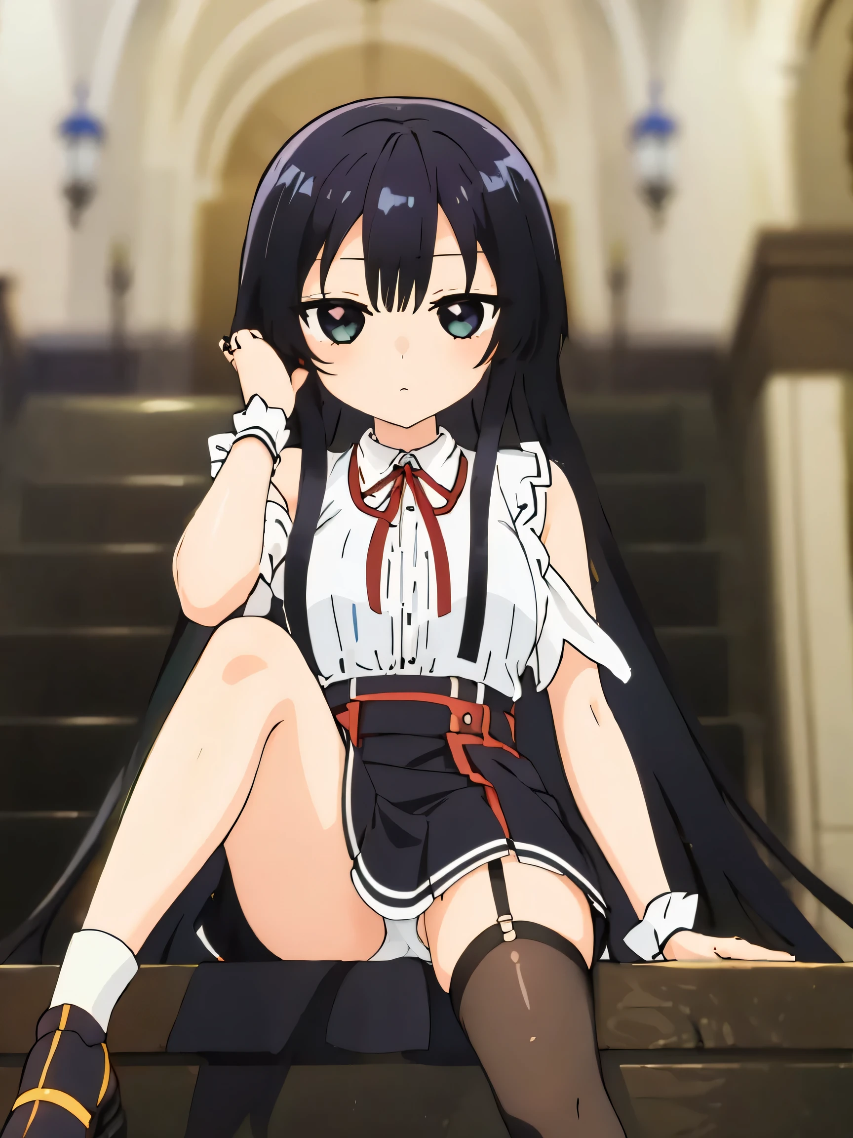 1 Girl、Black Hair、black eye、Expressionless、Long Hair、、High resolution、masterpiece、High resolution、highest quality、Detailed face、Anime Moe Art Style、Cowboy Shot、Spread your legs、Leg spread、skirt、Sitting、Panty shot、Panty flashing、Plush panties、lingerie、squat、