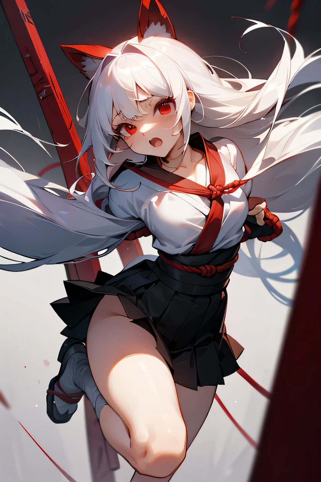 White Hair Girl、Long Hair、Red eyes、Tie 1&#39;Tie 1&#39;Tie 1&#39;Tie one&#39;s waist tightly with a rope、Open your mouth wide,Get help,sexual harassment,look at me、Squint your eyes、Disgusted face、Japanese style、Short skirt、Tied up with rope、The body is tied up、to be crucified