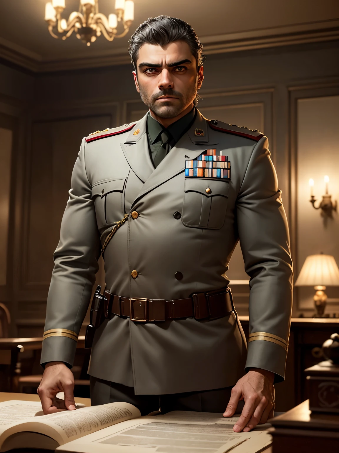 Chiaroscuro, dramatic lighting, fifty years old man, Oscar Isaac, neatly trimmed grey hair and grey eyes, serious, authentic khaki Belarusian army officer's uniform, smirking, leaning on heavy oaken desk, nighttime, glass of whisky, marble pillars and wall mounted map