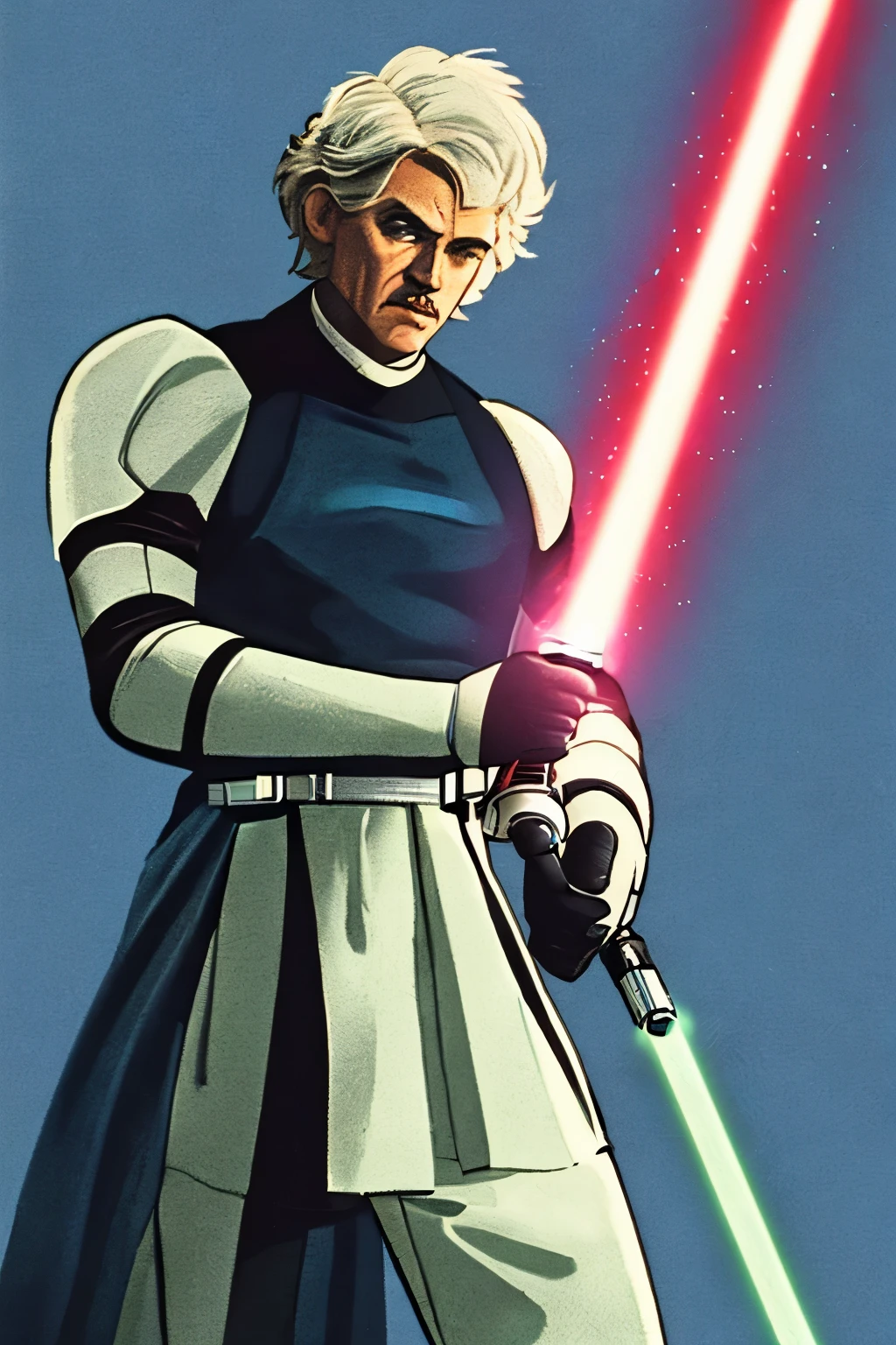 um personagem masculino do star wars, posting the costumes from the star wars movie with a lightsaber in hand