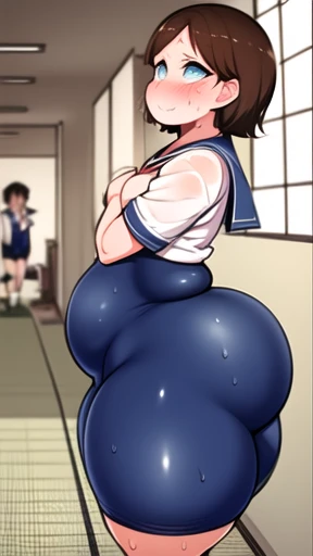 ((best quality)), ((masterpiece)), (cartoony style), perfect face, male character, ((femboy)), cute boy, (japanese schoolboy), (japanese school light blue summer sailor uniform), wet clothing, ((light brown thin skintight bike shorts)), wet shiny light brown spats, sweaty reflective light brown short spandex pants, (bottom heavy), big butt, wide hips, ((thick plump thighs)), (visible bulge in pants), (flat chest), small breasts, slim belly, fair skin, (short split brown hair), big hazel eyes, ((detailed eyes)), red cheeks, blush, (smug smile), ((bratty expression)), ((sweaty)), steaming breath, (japanese school hallway background), teasing pose, dynamic view, dynamic perspective, manga panels