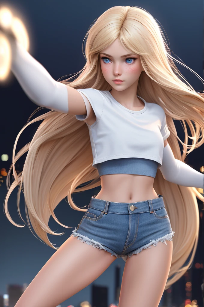 close up 1girl in, teenager, Solo, Aesthetic artwork, blond, straight blonde hair, super long blonde hair, light blue eyes, some small freckles, pale skin, small breasts, runners body, (thin hips, thin waist: 1.25), detailed skin, neutral face, parted lips, (action shot, fighting stance:1.3), futuristic fighter gear, arched back, side profile, wearing crop top t-shirt, short shorts. Wrapped boxing knuckles, Blue jeans ripped, (full body: 1.1), very detailed city roof background, rooftop, overlooking the city, 24mm, 4k textures, soft cinematic light, RAW intricate, elegant, highly detailed, sharp focus, ((((cinematic look)))), soothing tones, insane details, intricate details, hyperdetailed, low contrast, soft cinematic light, dim colors, exposure blend, hdr, faded