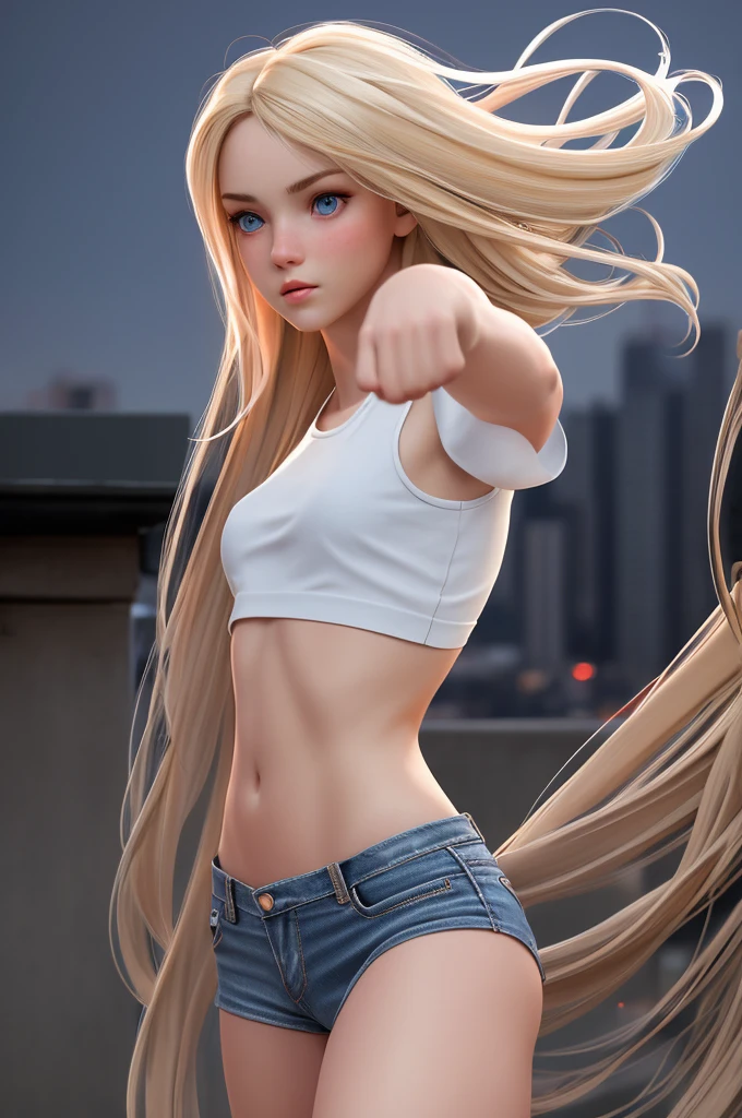 close up 1girl in, teenager, Solo, Aesthetic artwork, blond, straight blonde hair, super long blonde hair, light blue eyes, some small freckles, pale skin, small breasts, runners body, (thin hips, thin waist: 1.25), detailed skin, neutral face, parted lips, (action shot, fighting stance:1.3), futuristic fighter gear, arched back, side profile, wearing crop top t-shirt, short shorts. Wrapped boxing knuckles, Blue jeans ripped, (full body: 1.1), very detailed city roof background, rooftop, overlooking the city, 24mm, 4k textures, soft cinematic light, RAW intricate, elegant, highly detailed, sharp focus, ((((cinematic look)))), soothing tones, insane details, intricate details, hyperdetailed, low contrast, soft cinematic light, dim colors, exposure blend, hdr, faded