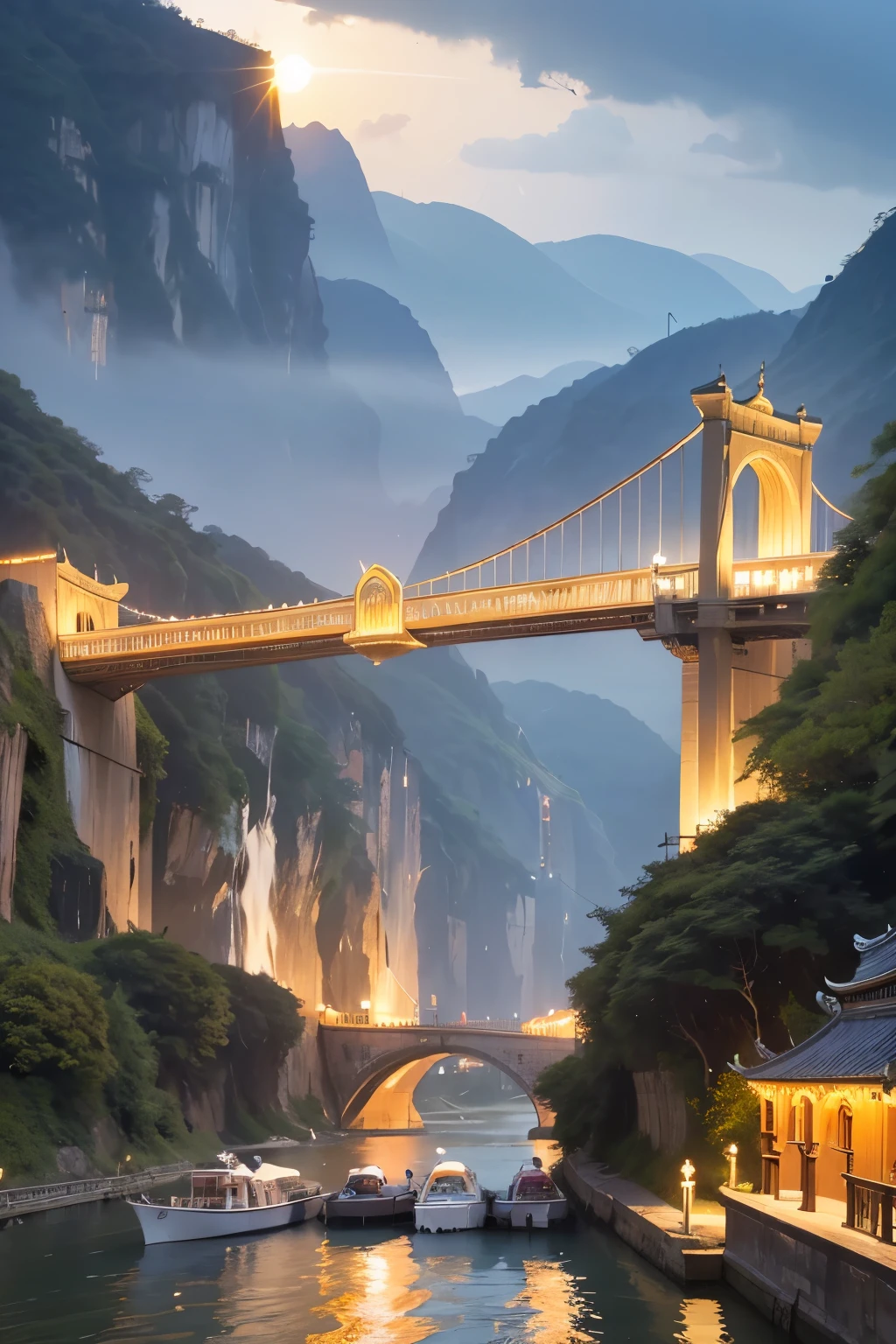 (Hyper-realistic illustration) of the JiangYing Yangtze river bridge, where the water gently mirrors the elegant, intricate architectural details of the suspension bridge. (S2)
The bridge stretches majestically over the vast, shimmering Yangtze river, with each cable and support beam sculpted to perfection in this (high resolution) and (8K) image. The bridge's towering pylons rise dramatically from the water, casting long, (deep-shadows) against the riverbank in this (beautifully detailed) and (top-quality) art piece.
The bridge's cable-stayed design is depicted with (