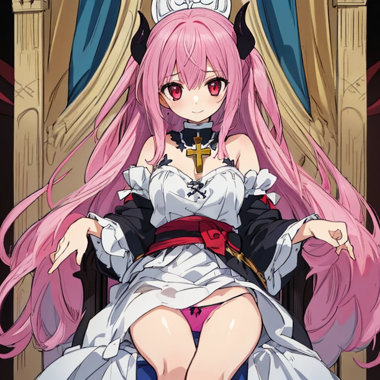 Absurd, High resolution, (Anime Style:1.1), ((Tabletop)), ((highest quality)), (Very detailed), (beautiful), solo, beautiful face、(lift),(A girl sitting cross-legged on the throne of a detailed demon castle:1.4),Wind,pink colorful hair, Beautiful red eyes,Ephemeral,View your viewers,dramatic、(Whole Body Ezbian)、Low angle、、Exposing shoulders,、Bad Smile、Revealing clothing、(I don't wear panties.:1.3)