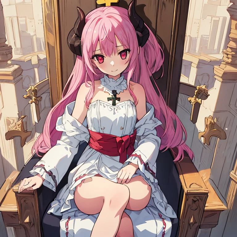 Absurd, High resolution, (Anime Style:1.1), ((Tabletop)), ((highest quality)), (Very detailed), (beautiful), solo, beautiful face、(lift),(A girl sitting cross-legged on the throne of a detailed demon castle:1.4),Wind,pink colorful hair, Beautiful red eyes,Ephemeral,View your viewers,dramatic、(Whole Body Ezbian)、Low angle、、Exposing shoulders,、Bad Smile、Revealing clothing、(I don't wear panties.:1.3)