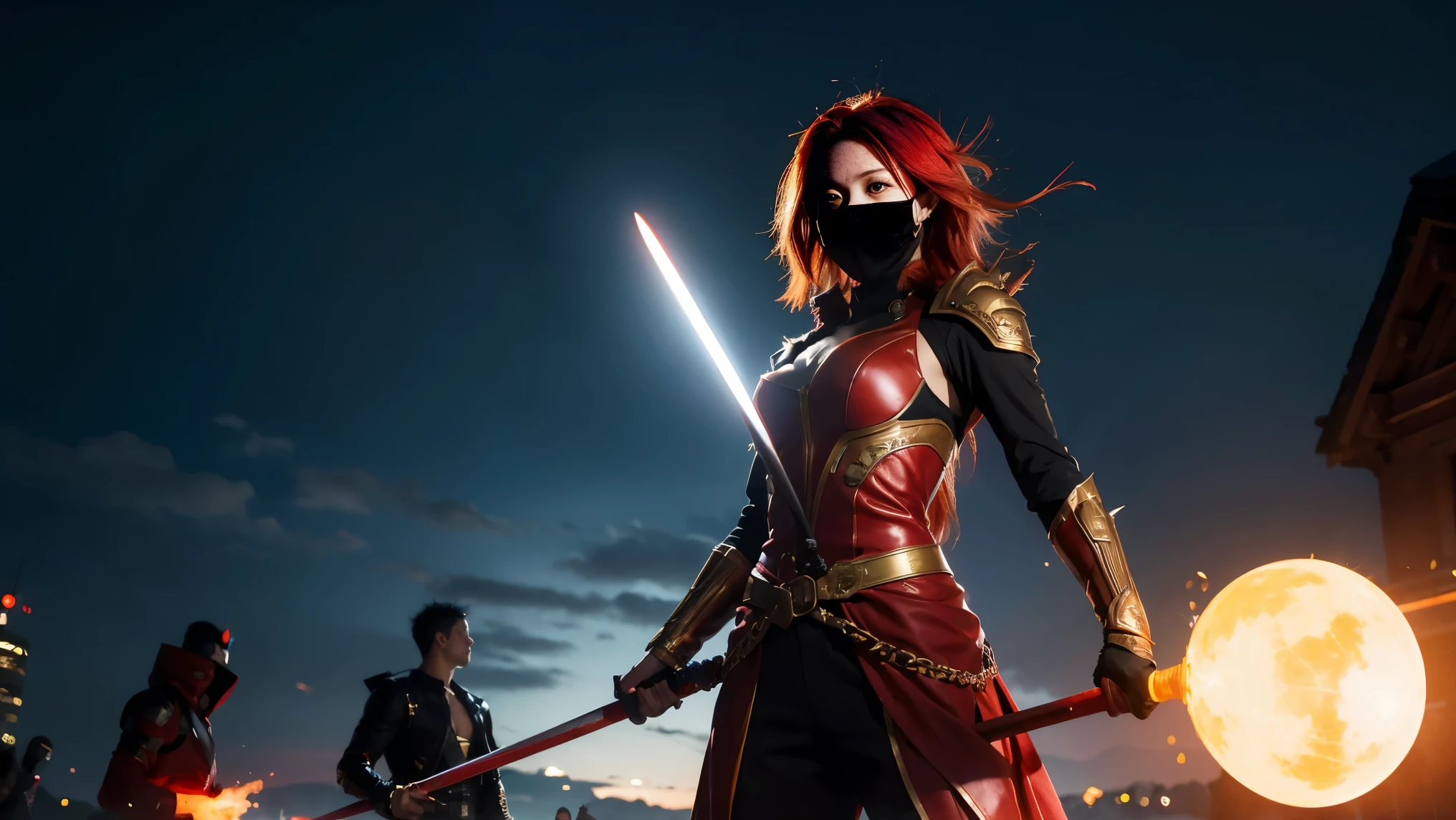 A stunning anime-inspired photograph featuring a group of diverse and vibrant characters. In the foreground,a young woman with fiery red hair and a unique outfit is standing,holding a staff with a glowing orb at the top. Behind her,a tall,muscular man with spiky blue hair and an intricate sword strapped to his back is preparing to jump. In the background,a mysterious figure wearing a mask and holding a bow is poised for action. The overall atmosphere of the image is dynamic and full of energy,with a blend of bright and dark tones.,photo,