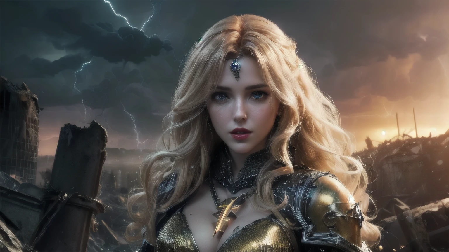 (masterpiece), (((Very complicated:1.3))), (Realistic), Beauty, (((Long Curly Hair [Blonde:Bright redhead:0.5], (([Flat Chest:Medium chest:0.8])), whole body,Goddess of Thunder, 最高のBeauty,wearing thunder armor, Maya Ali as the Lightning Magician, She's attracting lightning, Lightning Fantasy Magic, Fantasy Character Pictures, Lightning flashes behind her, Lightning in the movie, Female lightning Jenasi, Magnificent lightning, With Lightning, amouranth as a super villain ((compensate:1.6, Perfect chain mail, Golden Clockwork, Black jacket), Red lips, sunset, Silk shirt)))), Outdoor, Metal Reflection, Professional photos, Sharp focus, dramatic, Awards, Cinema Lighting, Volumetrics dtx, 8k BREAK, ((((Destroyed future apocalyptic city)))),