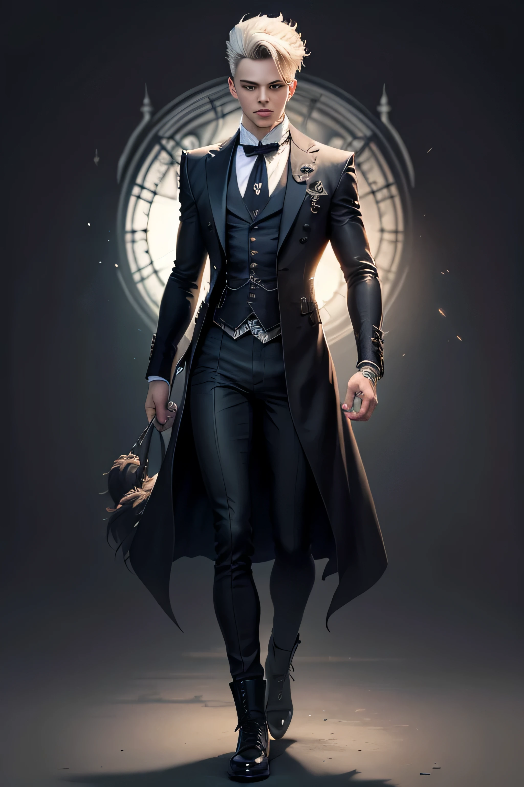 Create an extravagant full-body portrayal of a guy in Gothic style, emphasizing the "guy" theme. The design should feature Gothic elements such as lace, ribbons, and Victorian details, showcasing an elegant and intricate style. Utilize a color palette of black, white, and pastel tones to capture the unique Gothic aesthetic. The design must be eye-catching, with the guy centered in the image against a white background. She should fit well within the space, ensuring she does not touch the edges of the canvas. No text should be included in the image.