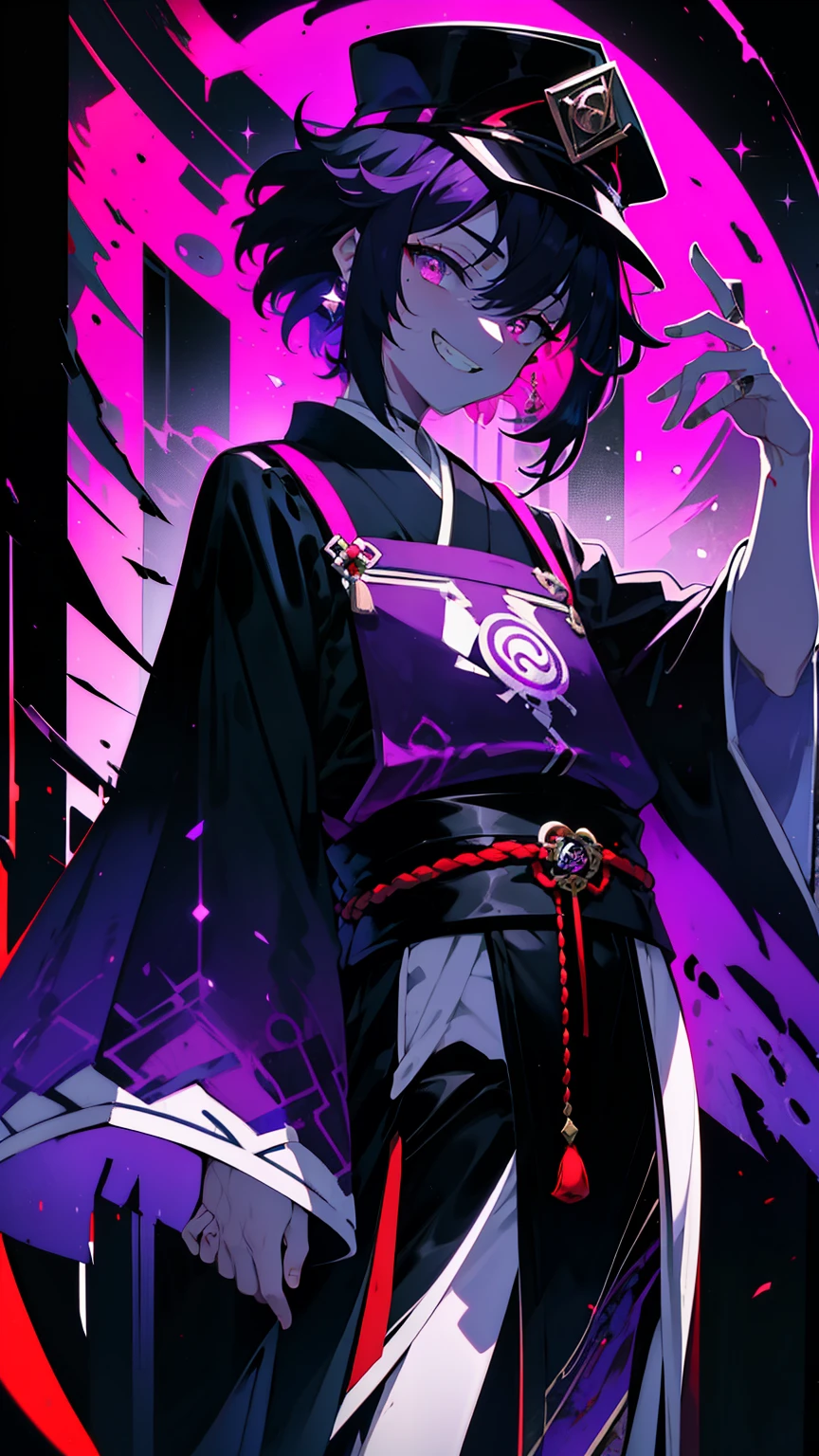 young guy, short fluffy hair, lilac eyes, Best quality, super detailed illustration, postman hat, japanese loose clothing, purple and dark tones, grin, full length, dark aura, black and red, Two tons, Dark shade, red tint, high contrast, dark lighting