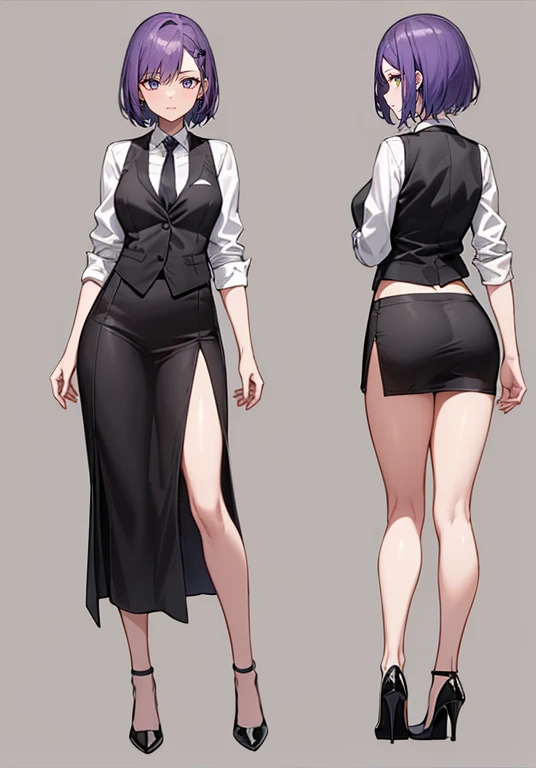((Perfect Face)),Purple Hair,Very Short Hair,1 female,,Black vest,Rolled up my sleevesYshirt,tie,slit,High heels,,((Simple Background)),smile,((Full Body)),((full body)),