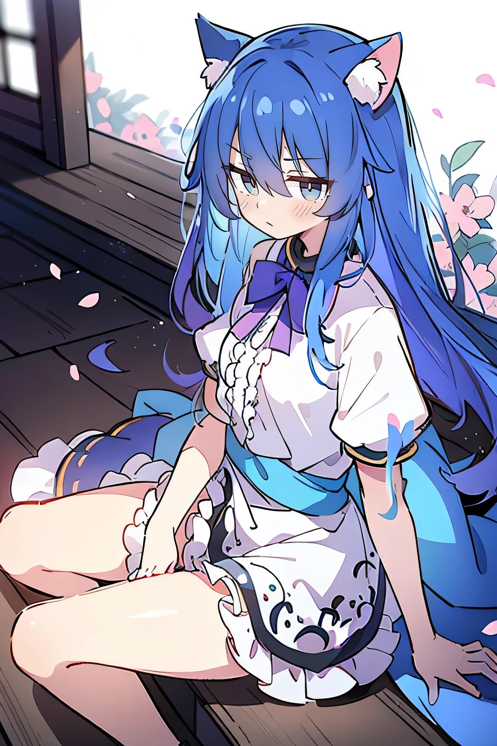 (masterpiece:1.2),ultra-detailed,realistic,expressive eyes,fair-skinned,perfectly shaped face,1girl,
Japanese cartoons,Gorgeous blue hair, flowing blue hair,floating clothes,cat ears,petals falling,beautiful Lola,Hina Angel,
hands on waist,gracefully sitting on the ground,legs crossed,gentle and serene background,cool and comfortable pavilion,shy face ,shy.