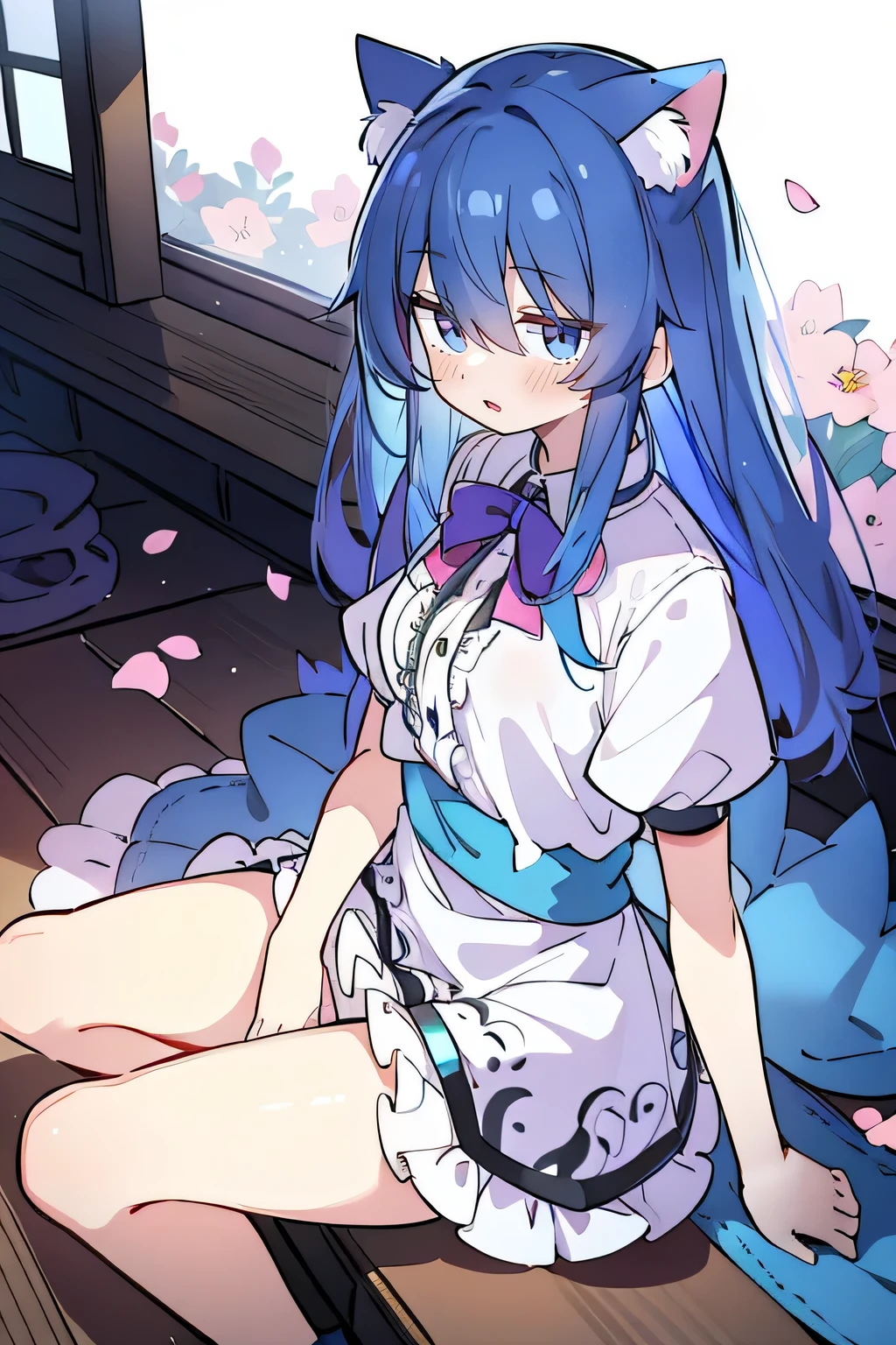(masterpiece:1.2),ultra-detailed,realistic,expressive eyes,fair-skinned,perfectly shaped face,1girl,
Japanese cartoons,Gorgeous blue hair, flowing blue hair,floating clothes,cat ears,petals falling,beautiful Lola,Hina Angel,
hands on waist,gracefully sitting on the ground,legs crossed,gentle and serene background,cool and comfortable pavilion,shy face ,shy.