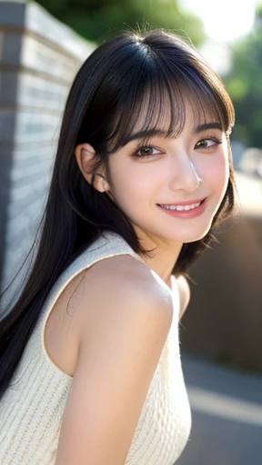 (8K, 超High resolution, highest quality, pieces fly:1.2),(26 years old:1.2)、(big smile)、(avert your eyes)、8K、Japanese girl raw portrait、超High resolution、highest quality、 (small breasts:1.5),(sleeveless knit dress:1.5)、(from below:1.2)、walk、support your chest with your hands、(Panty shot:1.2)、(city:1.4) Blake is (natural skin texture、fine skin、hyper realism、Super sharpness)、intricate details、written boundary depth、idol sculpture、actress model pose、 lady、、long black hair、Rear view、beautiful butt、star piece、highest quality、High resolution))、(1 girl)、(realistic:1.4)、alone、close your mouth、happy smile、smile happily、pretty black hair、Big eyes、Clear double eyelids、eyelash、stick out ears、long neck、Absolute area、beautiful clavicle、perfect face、bangs、pretty bangs、thin lips、Fair skin、small face、face becomes smaller、draw all the heads、look slightly upward at the camera、(look at the audience、eye highlights、light brown eyes、lip gloss chest bulge、squat、white boots、exposed breast, exposed ??????, beautiful breast
