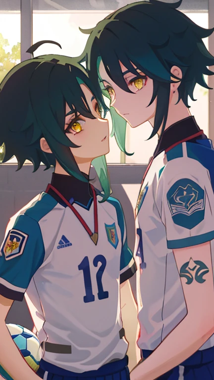 2 boys,dark green hair,highest quality,masterpiece,excessive,male focus,yellow eyes,beautiful eyes,beautiful boy,School,between men,Spouse,soccer club members,Blue soccer uniform,soccer,high school,soccer uniform,blue clothes,soccer court,teammate,same clothes,shoulder to shoulder,feminine,good friend,best image quality,