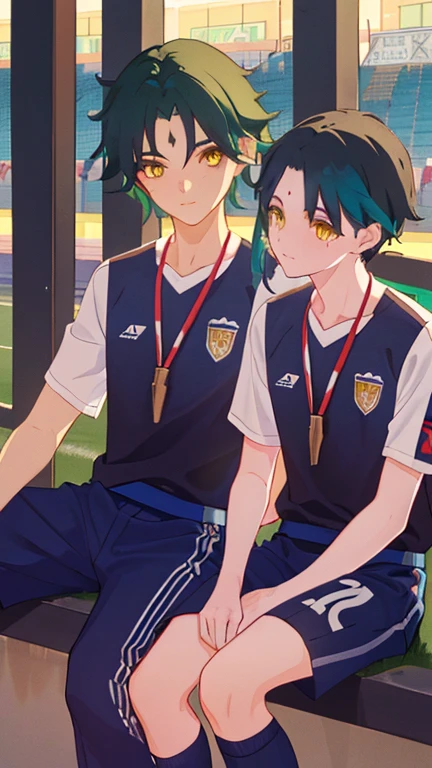 2 boys,dark green hair,highest quality,masterpiece,excessive,male focus,yellow eyes,beautiful eyes,beautiful boy,School,between men,Spouse,soccer club members,Blue soccer uniform,soccer,high school,soccer uniform,blue clothes,soccer court,teammate,same clothes,shoulder to shoulder,feminine,good friend,best image quality,