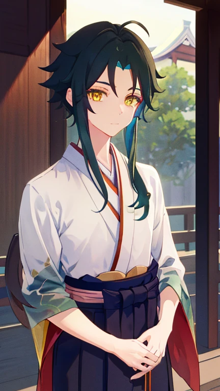 1 boy,dark green hair,highest quality,masterpiece,excessive,male focus,yellow eyes,beautiful eyes,beautiful boy,Family crested Hakama,Japan Kimono,kimono,Hakama,