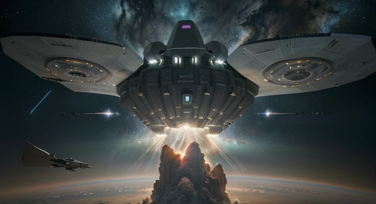 (8k, RAW photo, best quality, mastery:1.3),(realistic,photo-realistic:1.37),( Many alien spaceship approaching the atmosphere of earth ), the situation is space fighting, Colorfully Background of space elements, realistic, realising gun powder , full Combat seen, UFO destroying and other main spaceship produce a lot of gun powder, the seen is looking like adventure of universe,Other spaceships firing the main colonial pride ship with looking nearly the eyes of viewer, UHD ultra , real life, future seen and the modern aliens space ship find the planet earth, 8k resolution, 1.32 viewer