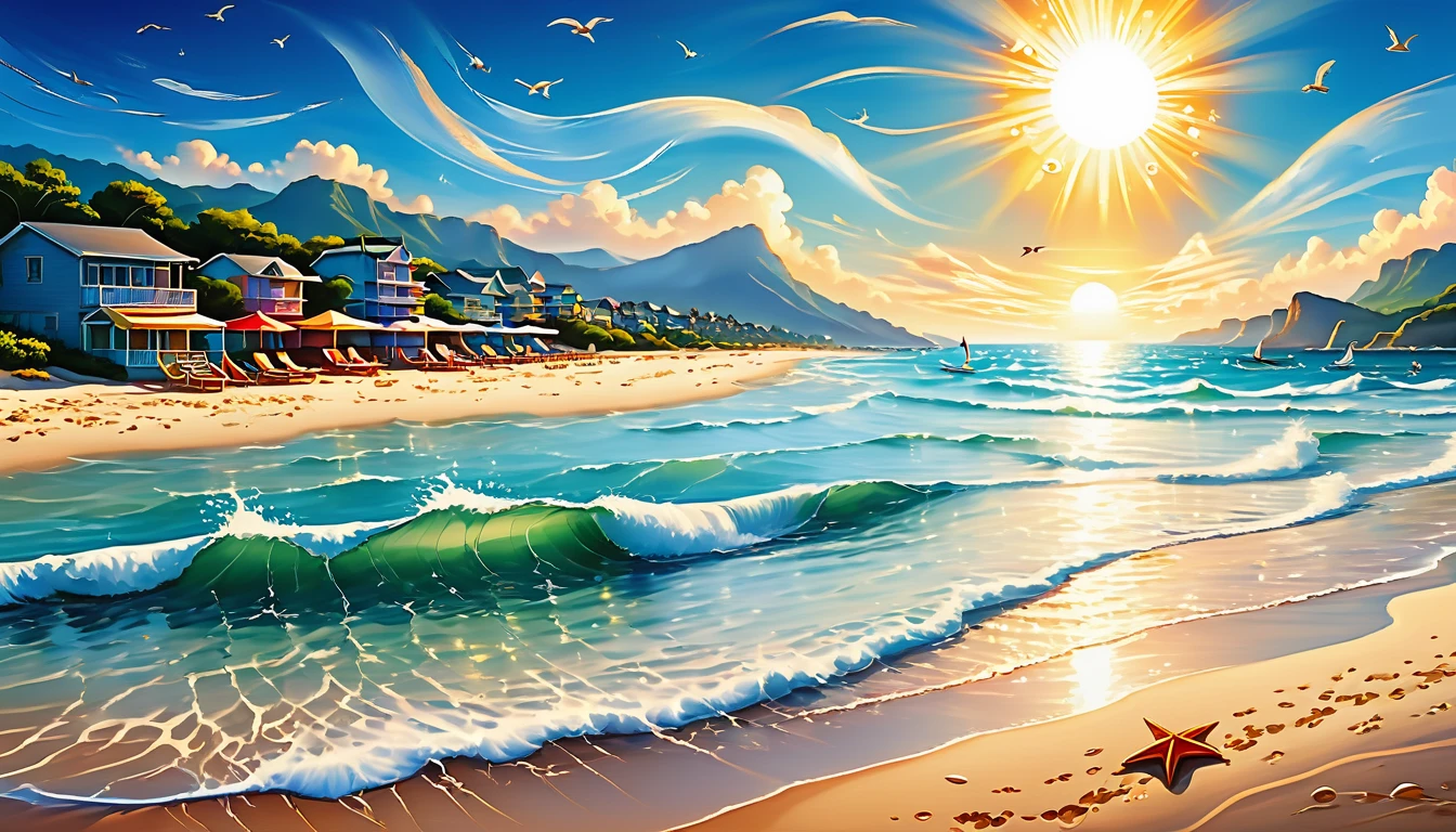 best quality,highres,(realistic:1.37),blue coast,ocean waves,serene beach,sandy shore,clear sky,sunlight sparkling on water,seagulls flying,faraway horizon,seashells scattered on sand,footprints leading to the water,gentle breeze,crashing waves,sun umbrellas,beach chairs,families playing in the water,swimmers enjoying the waves,surf boards,cliffs in the distance,colorful beach towels,lifeguard tower,surfing competitions,fresh seafood restaurants,coastal mountains,fishing boats at anchor,beach volleyball,children building sandcastles,cooling off in the sea,beach games and laughter,peaceful atmosphere,lovers walking hand in hand,beach parties at sunset,bonfires,starlit sky,feeling of tranquility and happiness,laid-back vibe,memorable summer memories.