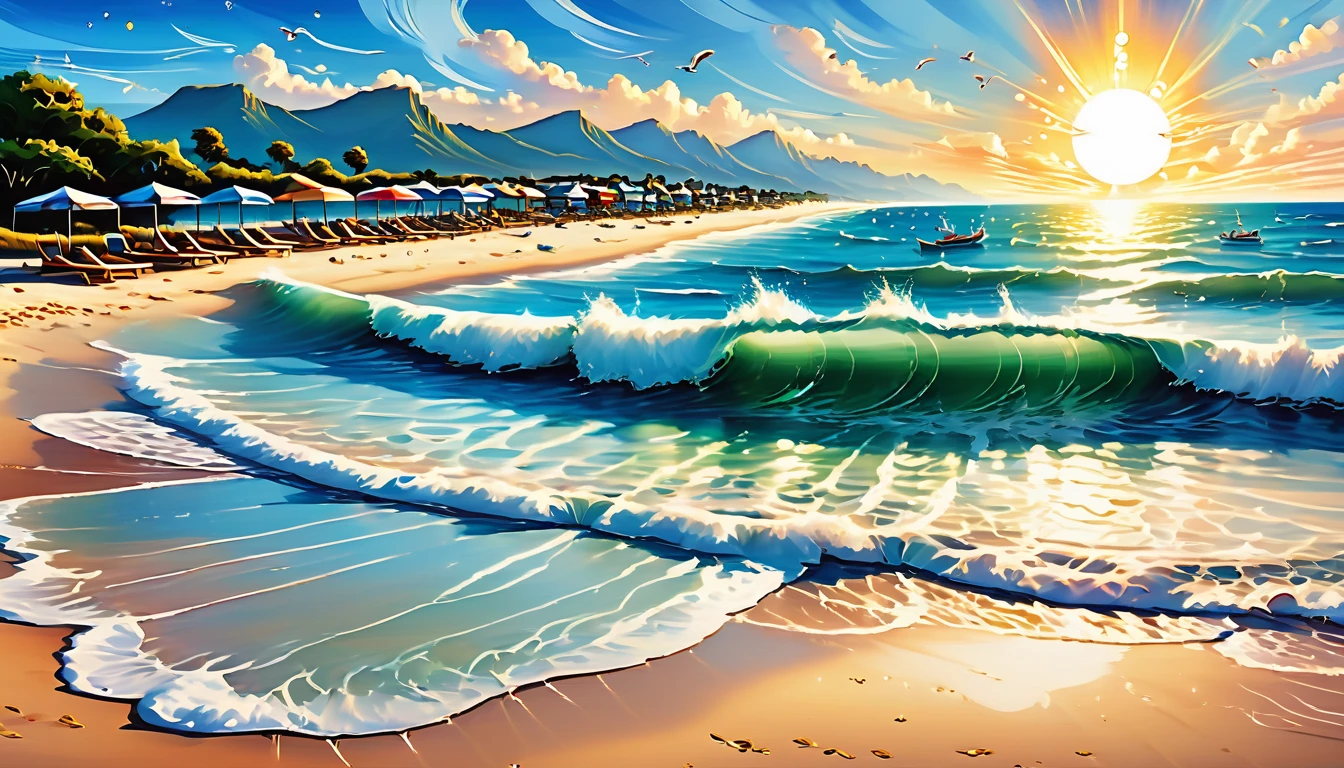 best quality,highres,(realistic:1.37),blue coast,ocean waves,serene beach,sandy shore,clear sky,sunlight sparkling on water,seagulls flying,faraway horizon,seashells scattered on sand,footprints leading to the water,gentle breeze,crashing waves,sun umbrellas,beach chairs,families playing in the water,swimmers enjoying the waves,surf boards,cliffs in the distance,colorful beach towels,lifeguard tower,surfing competitions,fresh seafood restaurants,coastal mountains,fishing boats at anchor,beach volleyball,children building sandcastles,cooling off in the sea,beach games and laughter,peaceful atmosphere,lovers walking hand in hand,beach parties at sunset,bonfires,starlit sky,feeling of tranquility and happiness,laid-back vibe,memorable summer memories.