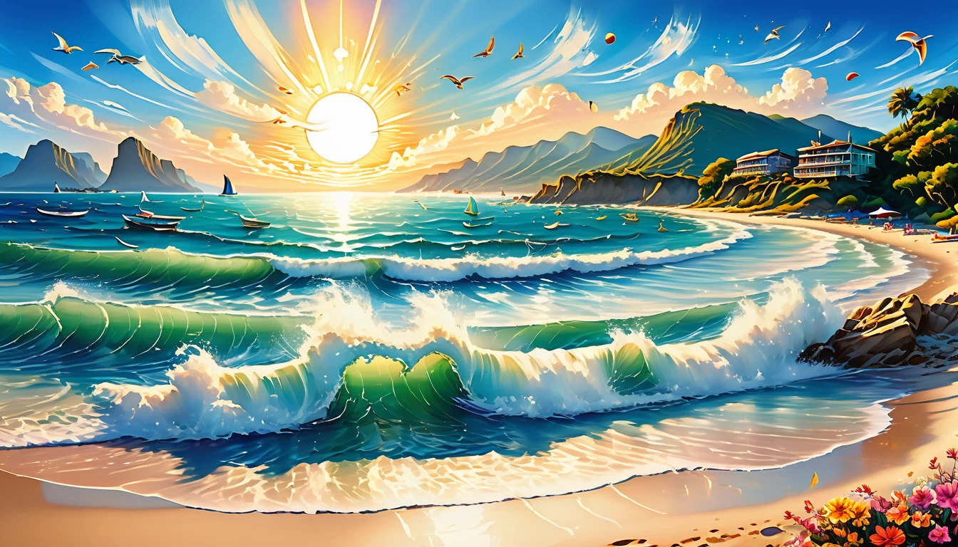 best quality,highres,(realistic:1.37),blue coast,ocean waves,serene beach,sandy shore,clear sky,sunlight sparkling on water,seagulls flying,faraway horizon,seashells scattered on sand,footprints leading to the water,gentle breeze,crashing waves,sun umbrellas,beach chairs,families playing in the water,swimmers enjoying the waves,surf boards,cliffs in the distance,colorful beach towels,lifeguard tower,surfing competitions,fresh seafood restaurants,coastal mountains,fishing boats at anchor,beach volleyball,children building sandcastles,cooling off in the sea,beach games and laughter,peaceful atmosphere,lovers walking hand in hand,beach parties at sunset,bonfires,starlit sky,feeling of tranquility and happiness,laid-back vibe,memorable summer memories.