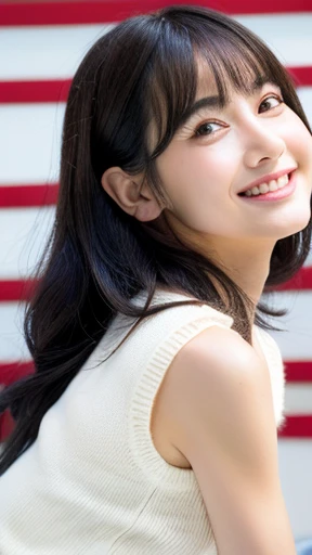 (8K, 超High resolution, highest quality, pieces fly:1.2),(26 years old:1.2)、(big smile)、(avert your eyes)、8K、Japanese girl raw portrait、超High resolution、highest quality、 (small breasts:1.5),(sleeveless knit dress:1.5)、(from below:1.2)、walk、support your chest with your hands、(Panty shot:1.2)、(city:1.4) Blake is (natural skin texture、fine skin、hyper realism、Super sharpness)、intricate details、written boundary depth、idol sculpture、actress model pose、 lady、、long black hair、Rear view、beautiful butt、star piece、highest quality、High resolution))、(1 girl)、(realistic:1.4)、alone、close your mouth、happy smile、smile happily、pretty black hair、Big eyes、Clear double eyelids、eyelash、stick out ears、long neck、Absolute area、beautiful clavicle、perfect face、bangs、pretty bangs、thin lips、Fair skin、small face、face becomes smaller、draw all the heads、look slightly upward at the camera、(look at the audience、eye highlights、light brown eyes、lip gloss chest bulge、squat、white boots、exposed breast, exposed nipple, beautiful breast