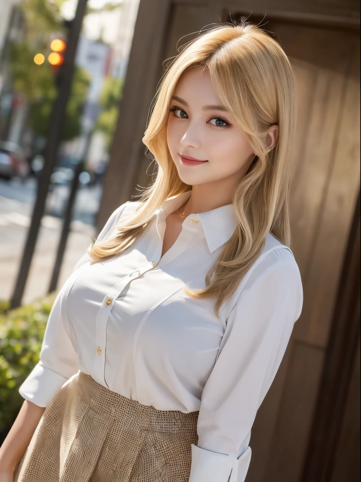 1girl, (Blue Eyes), (smiling :1.2), (Sana Minatozaki), (wide hips), Big tits, (big ass), (thin waist), (thick and toned thighs), (Best Quality, 8k, Masterpiece: 1.3), Clear Focus: 1.2, Perfect Body Beauty: 1.4, strong abs, Highly detailed face and skin texture, detailed eyes, double eyelids, detailed skin, (blonde long straight hair), (white unbuttoned dress shirt :1.2), (black secretary skirt :1.3), ((sitting on a desk)), (legs crossed :1.3), in an office, windows in the background, blurred background