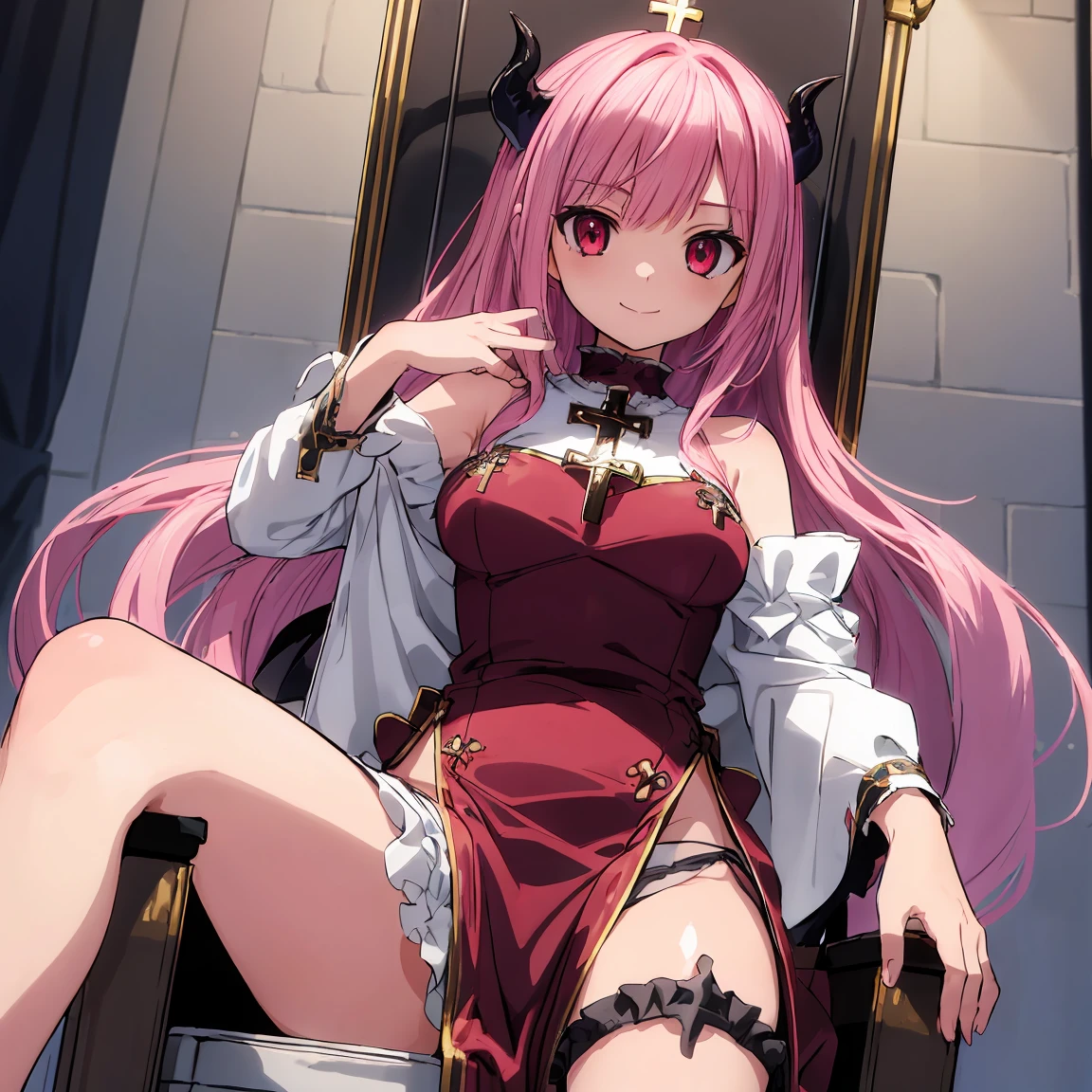 Absurd, High resolution, (Anime Style:1.1), ((Tabletop)), ((highest quality)), (Very detailed), (beautiful), solo, beautiful face、(lift),(A girl sitting cross-legged on the throne of a detailed demon castle:1.4),Wind,pink colorful hair, Beautiful red eyes,Ephemeral,View your viewers,dramatic、(Whole Body Ezbian)、Low angle、、Exposing shoulders,、Bad Smile、Revealing clothing、(I don&#39;t wear panties.:1.3)