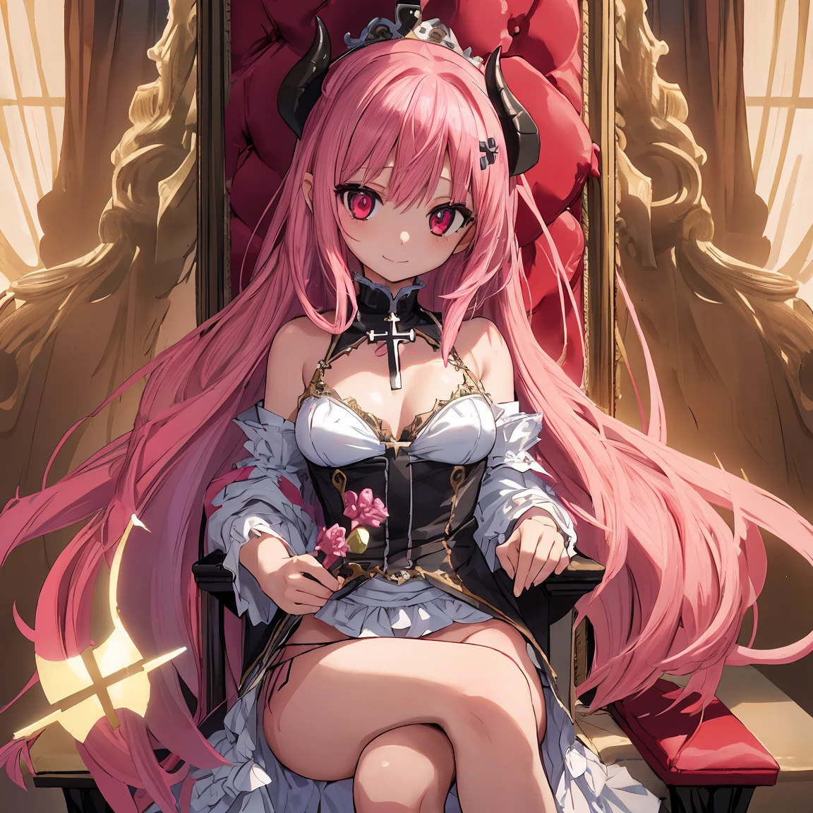 ((best quality)), ((masterpiece)), (detailed), mommy, big breast, demon, pink,wing head, wing back, Horn Head, dress, sit
