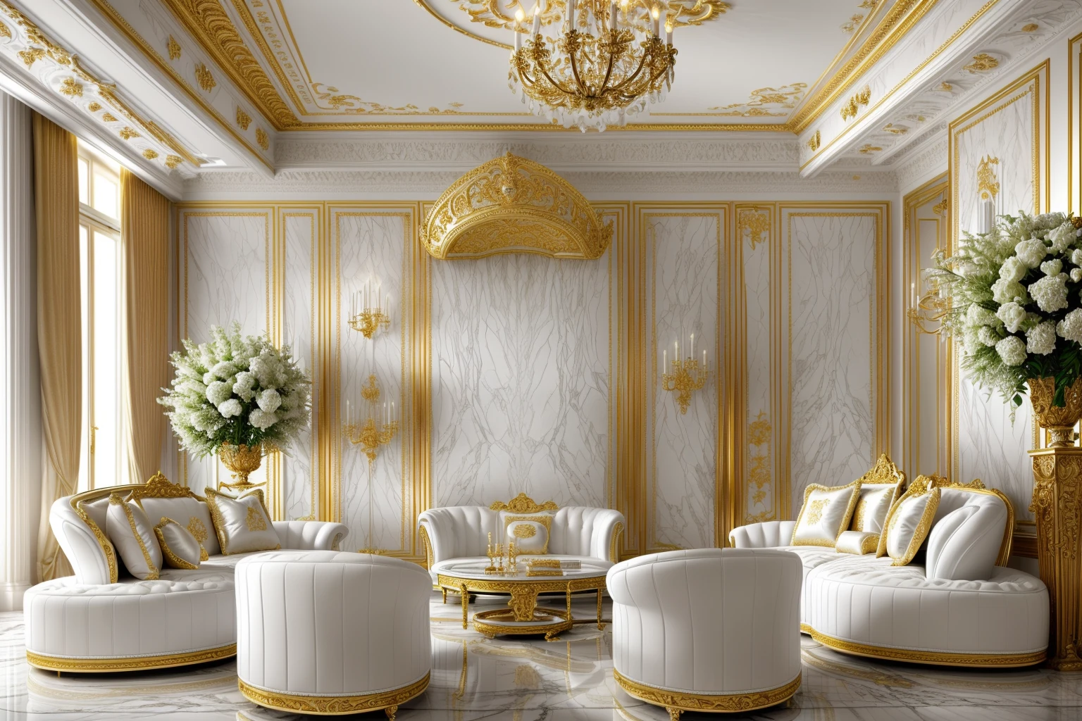 living room, (royal interior:0.5), WHITE TONE:1.3, 1 sofa set, 1 chandelier, luxury furniture, extremely luxurious environment, high-end, elegant feeling, decoration meticulous, high-end retreat, royal interior design, bedroom, gold and luxurious materials, ornate and elegant decoration, elegant baroque, lavish rococo baroque setting, other room interiors, The royal room is exquisitely designed, open view 1.4. , (white:1.4))), white marble floor
