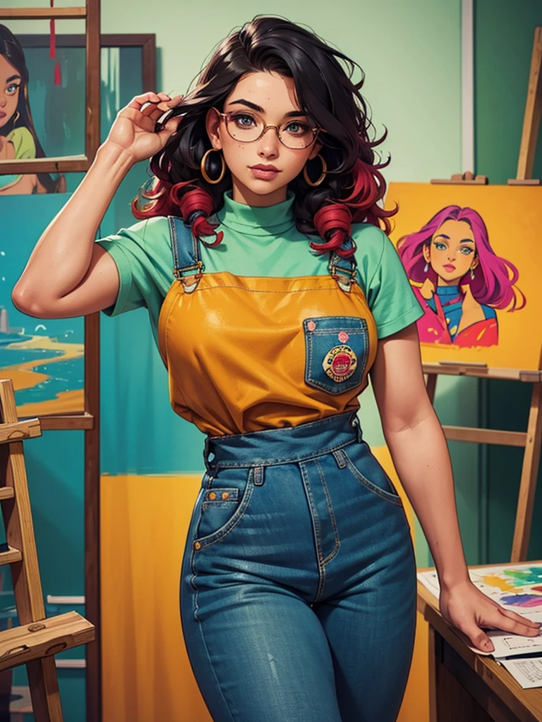 Gorgeous artsy woman in overalls beautiful long flowing thick natural curly hair, jewelry, tattoos, indie punk aesthetic, beautiful athletic body, hips, lovely lively expressive eyes, painting in an art studio in autumn, lovely colorful lighting, Cheery atmosphere, flirty, freckles, gorgeous Indian face, very tan skin, incredible detail to texture, in love, green eyes, lots of color, photorealistic, masterpiece, absolute babe, athletic body
Colorful outfit, patterns, glasses