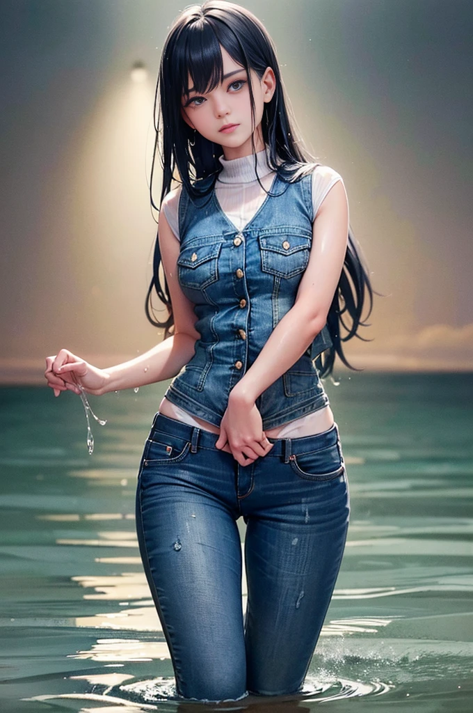Girl standing in lake, clear water, peaceful, warm, warmly dressed, denim vest, jeans, teardrop face, detailed skin, wet hair, in water to her waist, wet clothes, soaked, dripping wet, wet jeans, tight frame, looking at viewer, zoomed in, vertically aligned, ultra detailed, high quality, 8k, detailed clothing