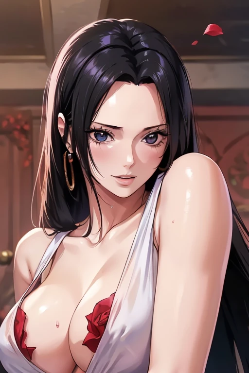 best quality, masterpiece, highly detailed,1girl, ((rose)), (vine), cage, bandage, red rope, (detail light), falling rose petals, Boa Hancock, (masterpiece:1.5), Detailed Photo, Smiling, Sexy, (8K, Best Quality: 1.4), (1girl), Beautiful Face, (anime realistic Face), (Black Hair, long Hair: 1.3), Beautiful Hairstyle, Realistic eyes, beautiful detail eyes, (white skin), beautiful skin, absurd, attractive, ultra high resolution, ultra realistic, high definition, golden ratio, (sexually aroused:1.5), Pinkish white skin, cool white light, sexy pose, Beautiful , white background, pink soft white light, Wear a white dress
