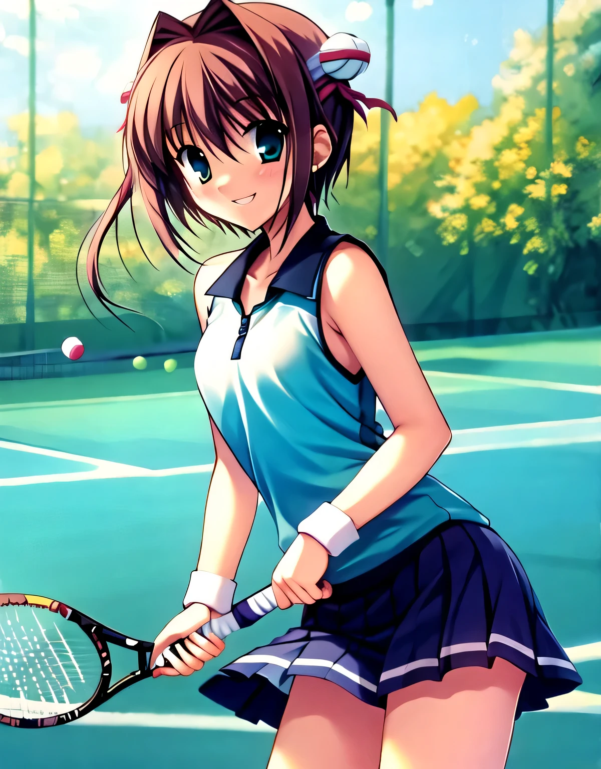 asakura_yume,Brown Hair,Medium Chest,Aqua Eye,White skin,Normal chest,Tennis court,Are standing,((Sleeveless_Tennis Wear)),smile,