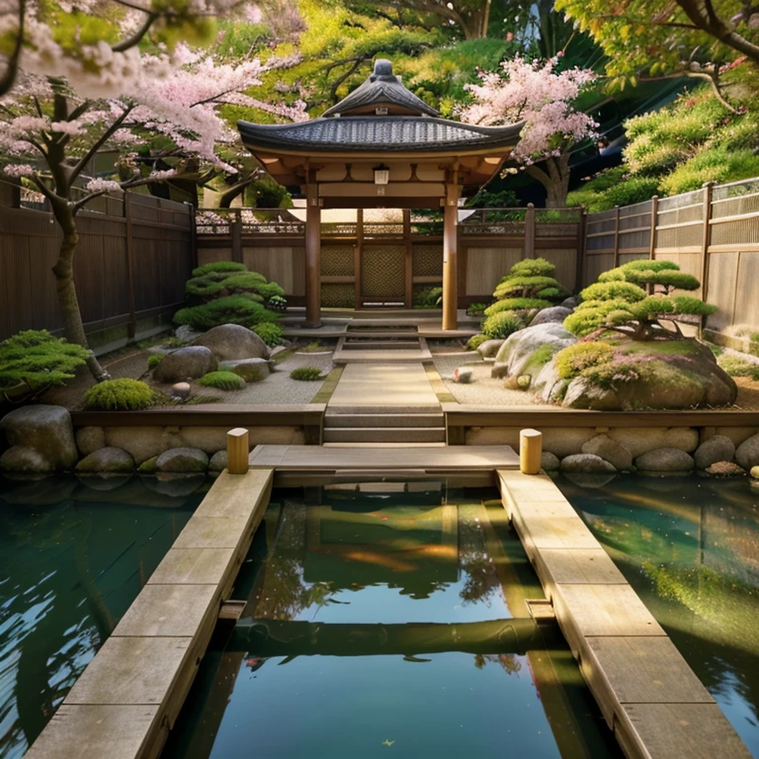 (digital painting),(best quality), serene Japanese garden, cherry blossoms in full bloom, koi pond, footbridge, pagoda, Ukiyo-e art style, Hokusai inspiration, Deviant Art popular, 8k ultra-realistic, pastel color scheme, soft lighting, golden hour, tranquil atmosphere, landscape orientation