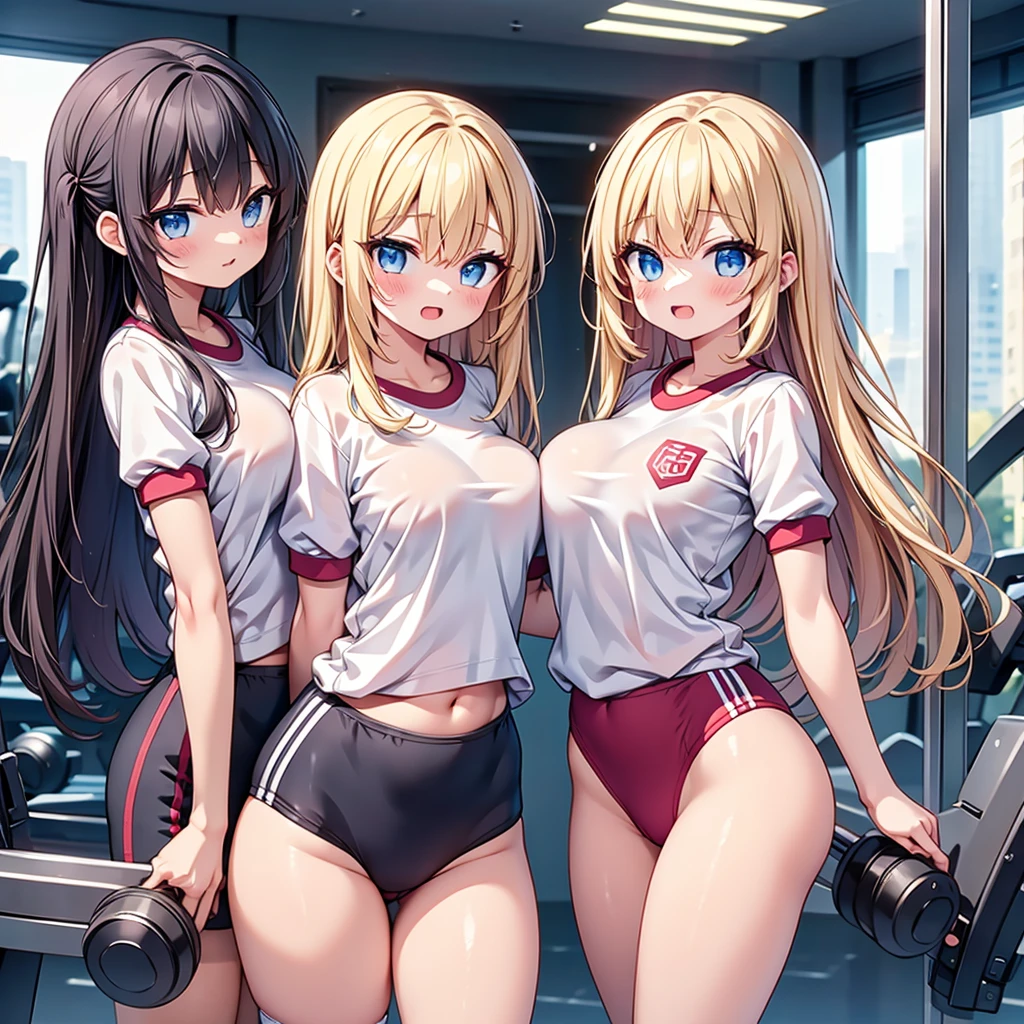 (cute eyes:1.2), (sparkling eyes:1.2), highest quality,wonderful,finely,extremely detailed CG Unity 8K wallpaper, (Stand in line:1.2), (3 girls, clothed), (gym uniform,red buruma, white shirt, short sleeves, thighs:1.3), (Underboob:1.2), (midium breasts), (open mouth:1.1), (long tongue:1.1), (mouth drool:1.1), (black stockings:1.1),(Thighs:1.2),(Waistline:1.2)