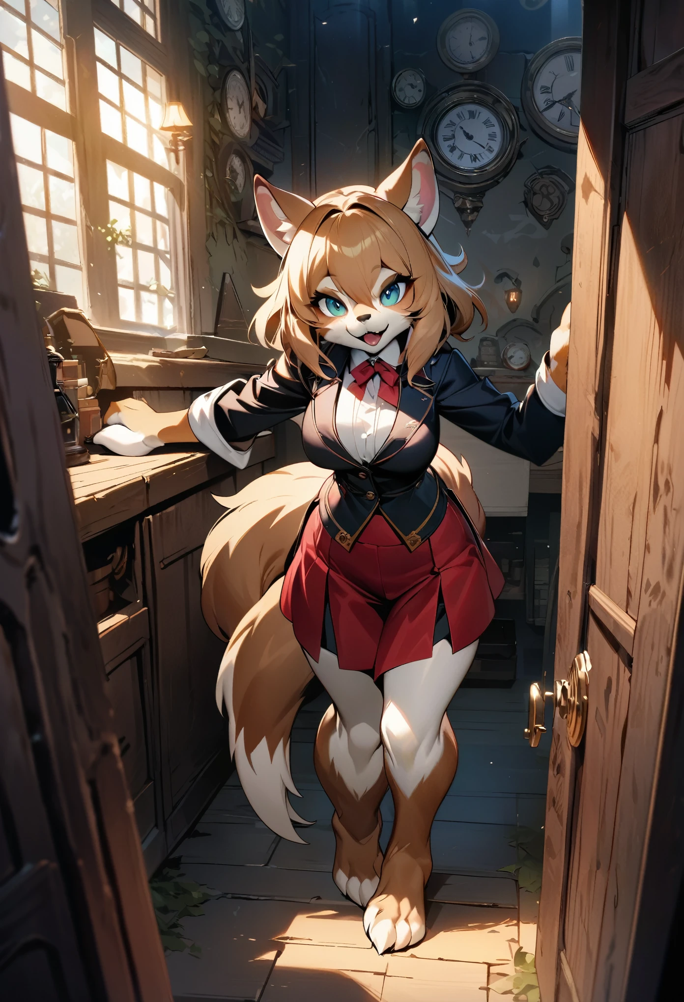 doujinshi cover_page, highres, top quality, best quality, paid reward available, unparalleled masterpiece, perfect artwork, absurdres, High-quality illustrations, super high resolution, detailed background, perfect anatomy(1girl, kemono, furry anthro, fearless smile, reach for the clock) in room with clock, fantasy artwork, cinematic lighting, Backlight,