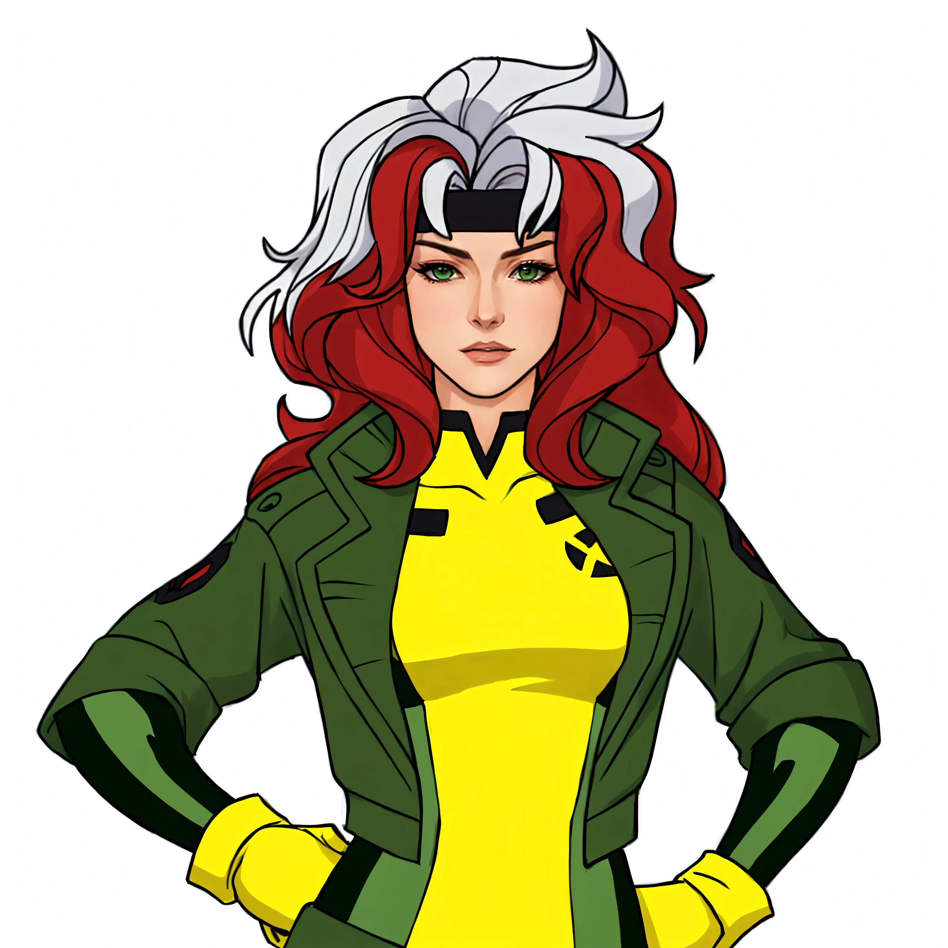 a cartoon of a woman in a green and yellow outfit, full body portrait of jean grey, portrait of jean grey, rogue anime girl, jean grey, 90s comic book character design, vixen, beautiful rogue lady, female rogue, x-men storm, portrait of female rogue, comic book character, sil from species, female lead character, comic character, profile shot